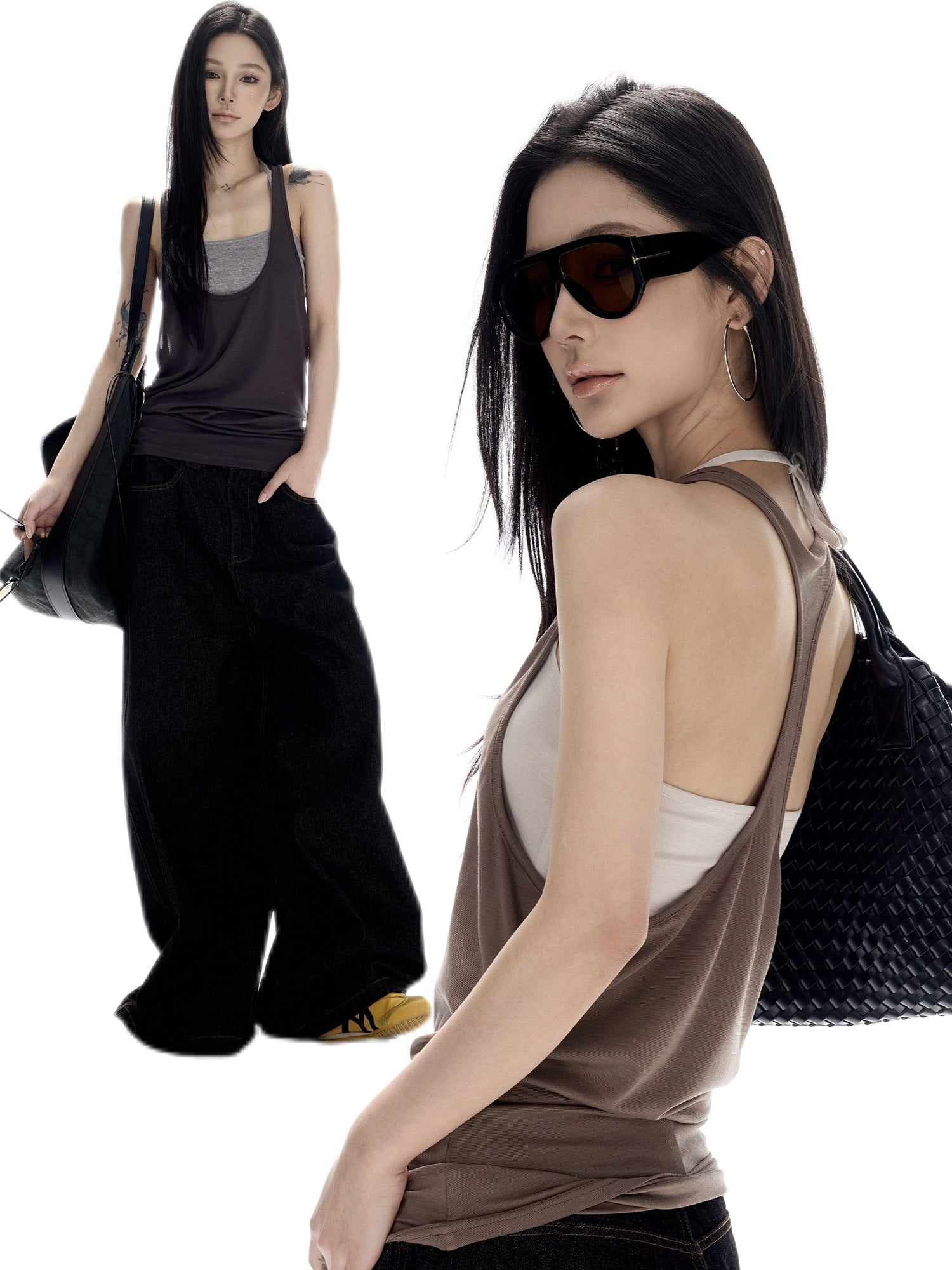 CrushOnit Breathable Lyocell Backless Loose U Neck Y Strap Women Stretch Layer Tank Tops