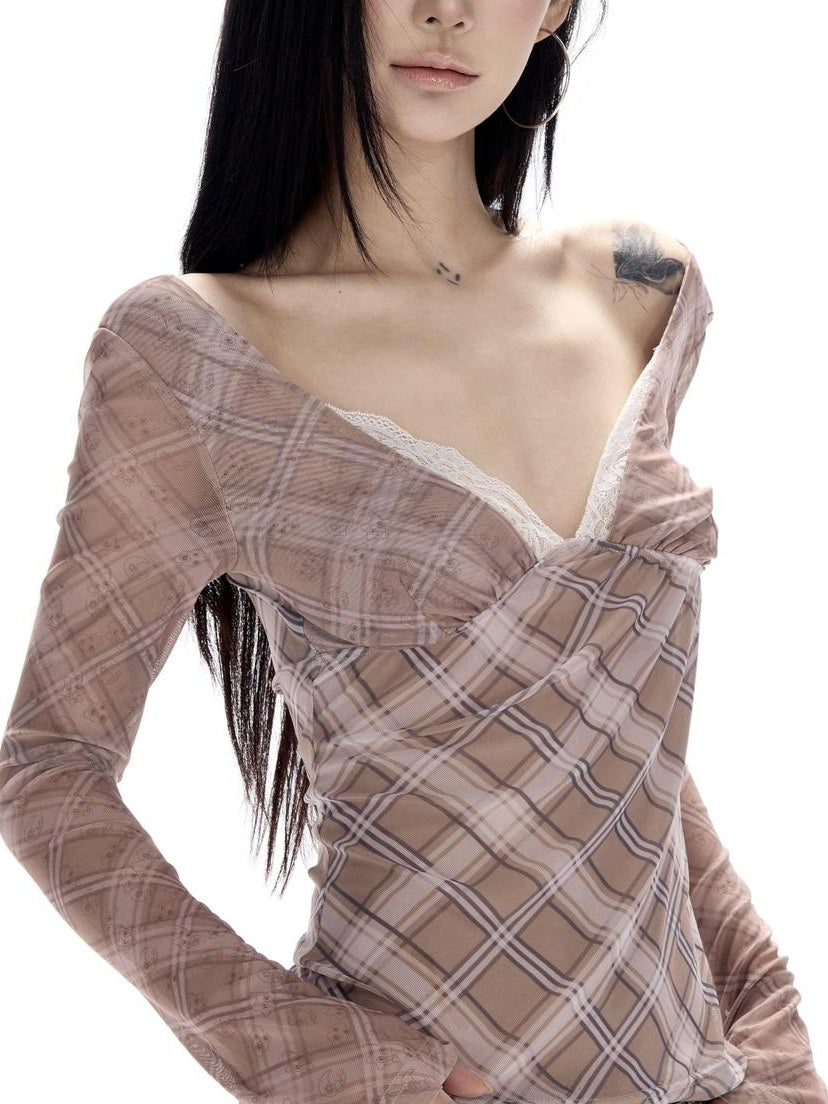 CrushOnit Breathable Mesh V-neck Slim Patchwork Purple Plaid Long Sleeve Blouses