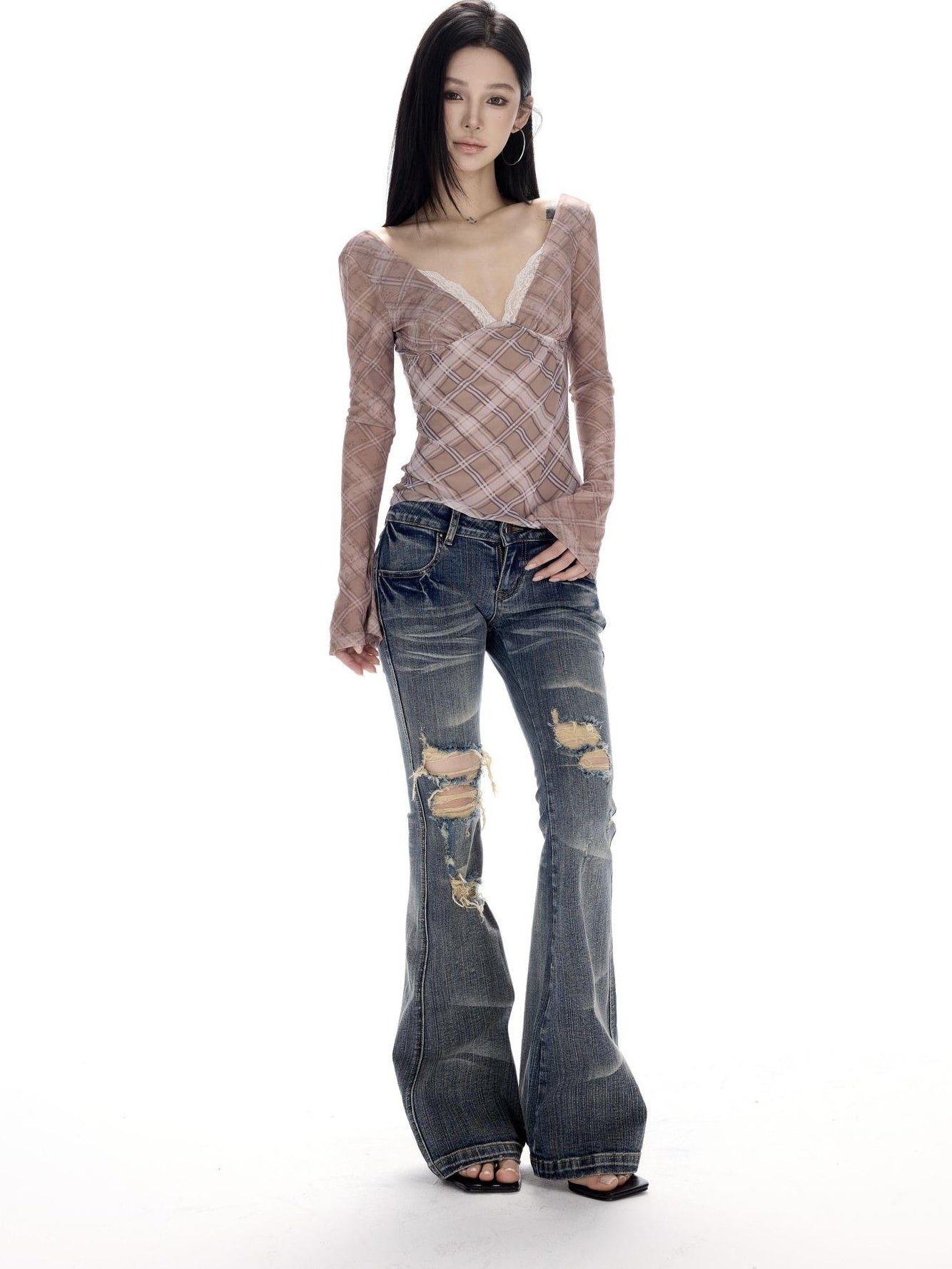 CrushOnit Breathable Mesh V-neck Slim Patchwork Purple Plaid Long Sleeve Blouses