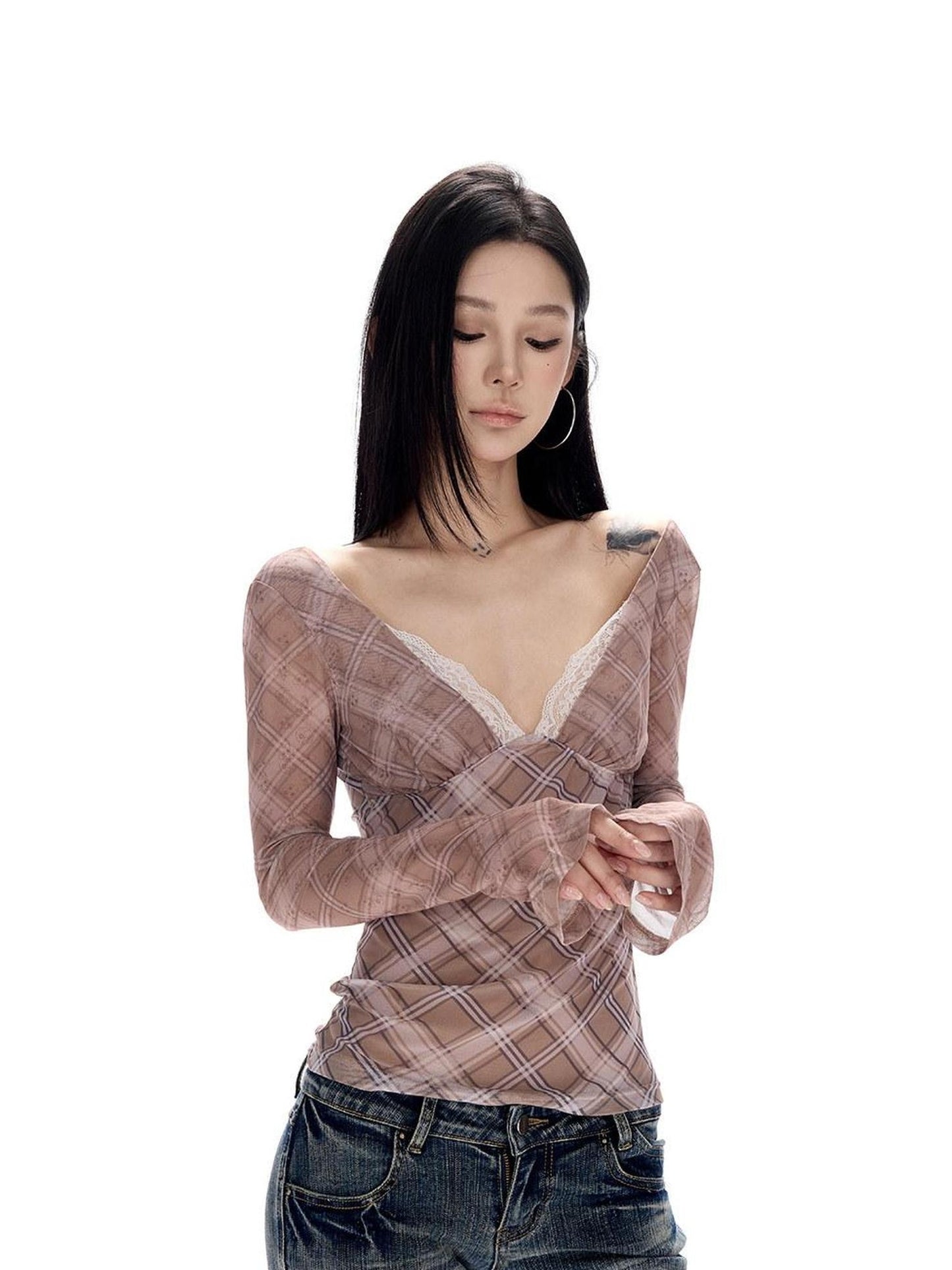 CrushOnit Breathable Mesh V-neck Slim Patchwork Purple Plaid Long Sleeve Blouses