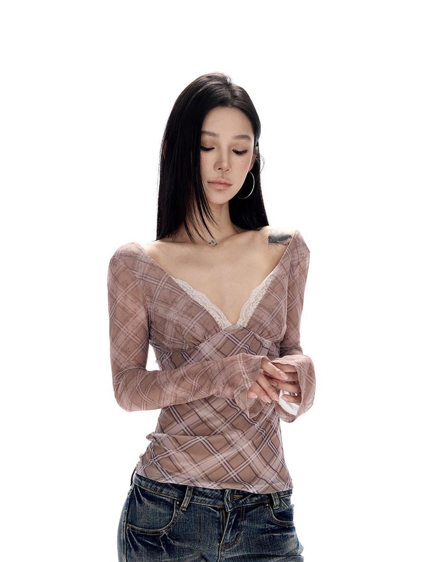 CrushOnit Breathable Mesh V-neck Slim Patchwork Purple Plaid Long Sleeve Blouses
