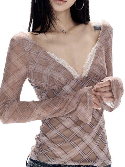 CrushOnit Breathable Mesh V-neck Slim Patchwork Purple Plaid Long Sleeve Blouses