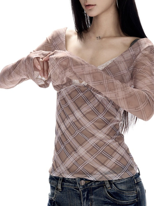 CrushOnit Breathable Mesh V-neck Slim Patchwork Purple Plaid Long Sleeve Blouses