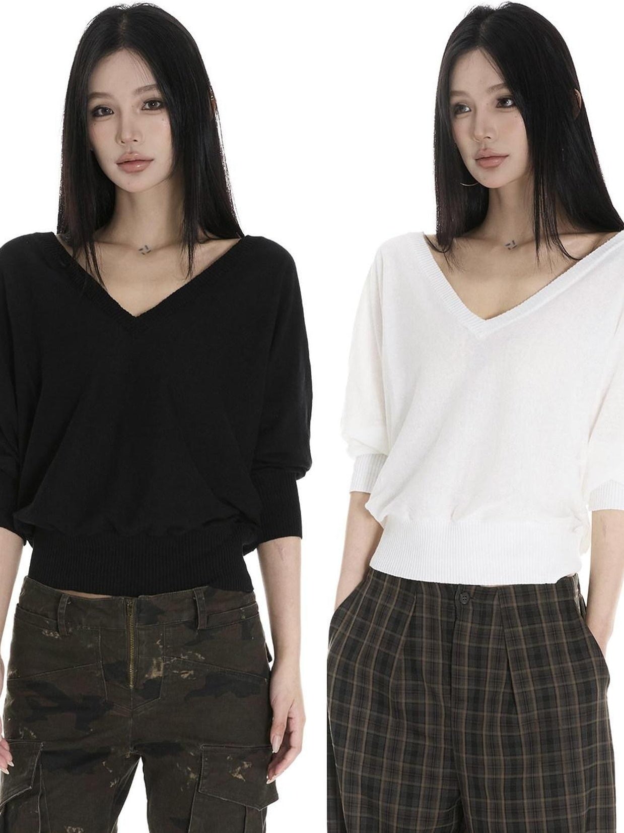 CrushOnit Breathable Ramie V-neck Minimalist Batwing Office Pullover Long Sleeve Crop Tops