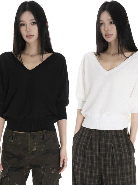 CrushOnit Breathable Ramie V-neck Minimalist Batwing Office Pullover Long Sleeve Crop Tops