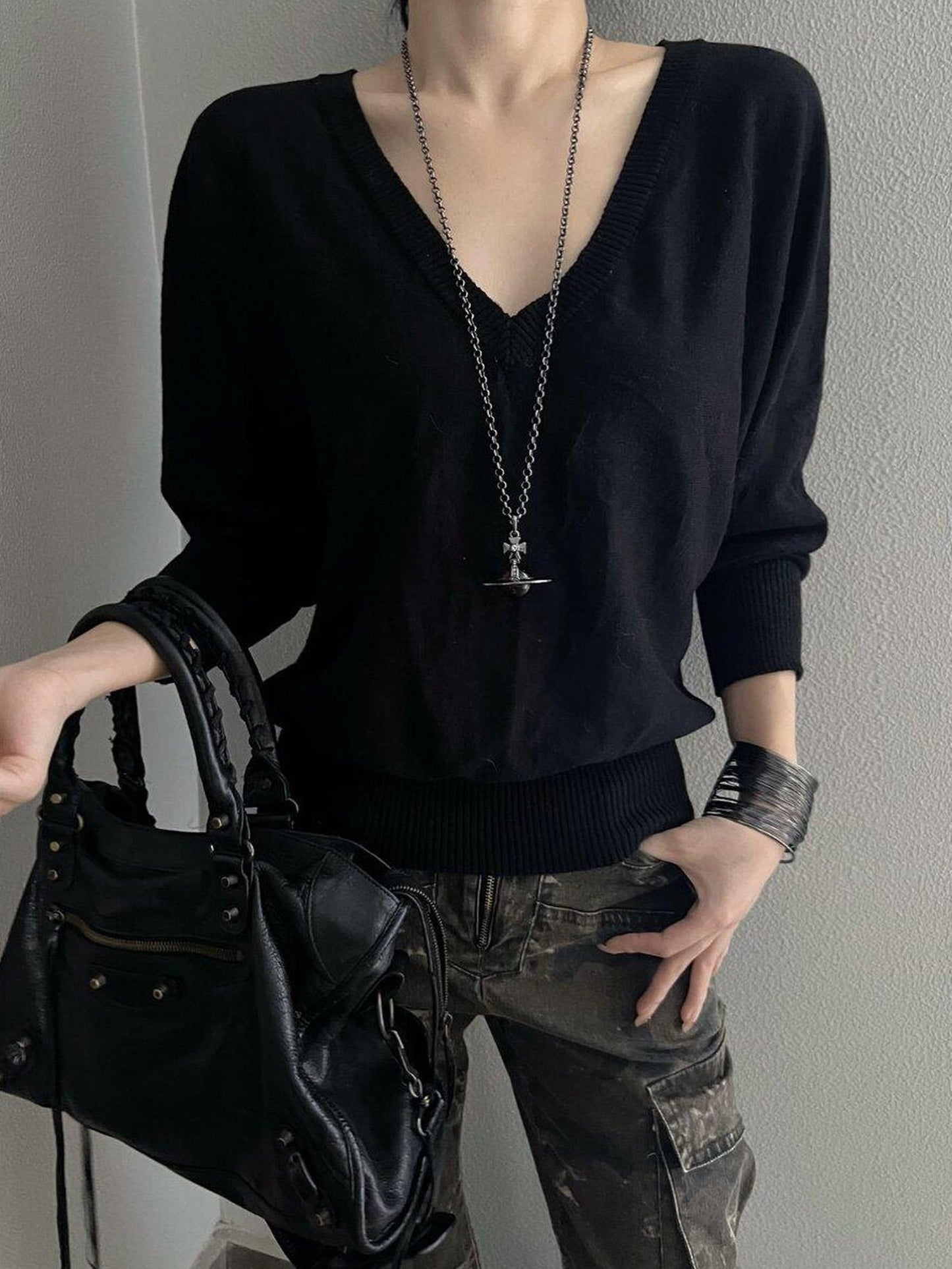 CrushOnit Breathable Ramie V-neck Minimalist Batwing Office Pullover Long Sleeve Crop Tops