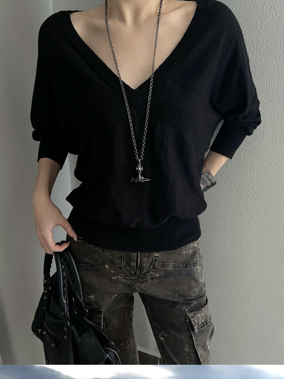 CrushOnit Breathable Ramie V-neck Minimalist Batwing Office Pullover Long Sleeve Crop Tops