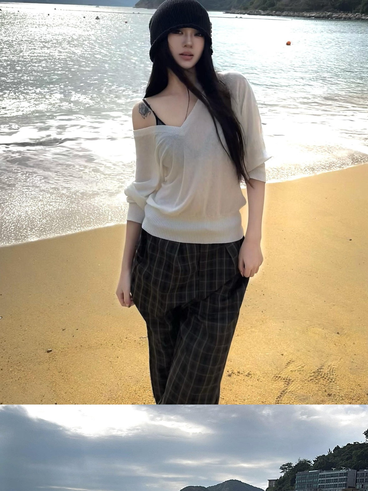 CrushOnit Breathable Ramie V-neck Minimalist Batwing Office Pullover Long Sleeve Crop Tops