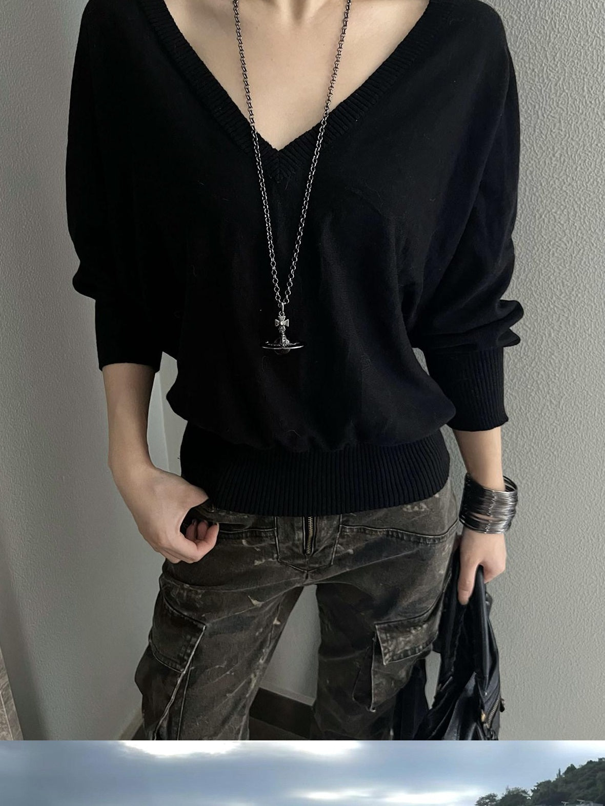 CrushOnit Breathable Ramie V-neck Minimalist Batwing Office Pullover Long Sleeve Crop Tops