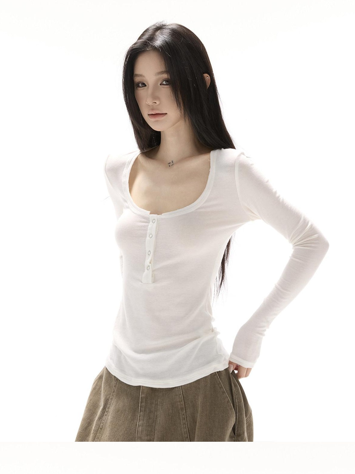 CrushOnit Breathable Tencel Slim Fit Crew Neck Button Women White Long Sleeve T-Shirts