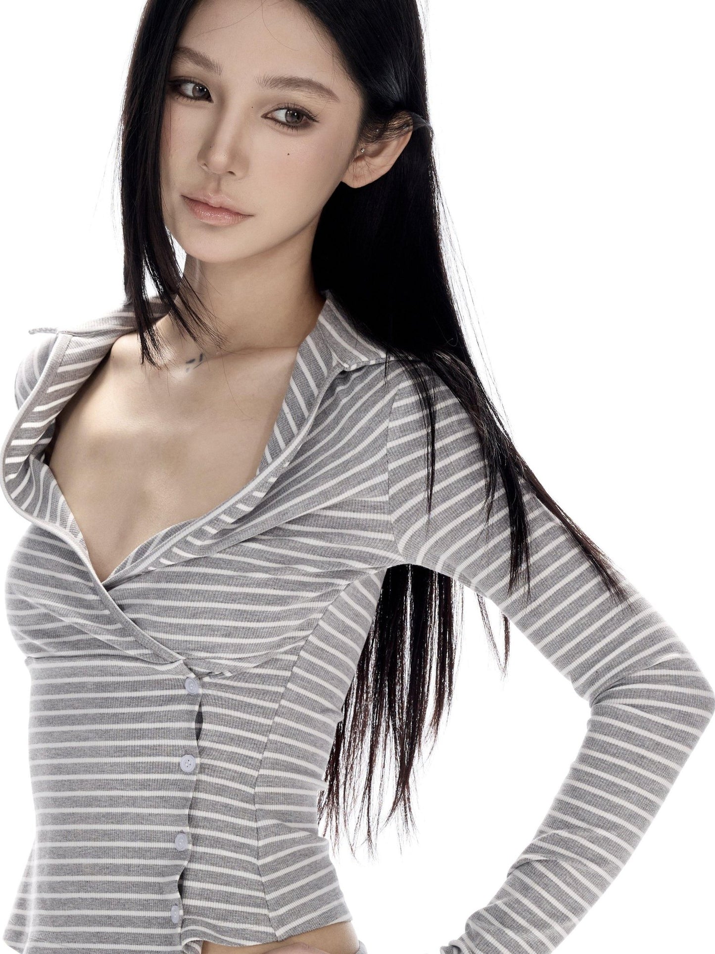CrushOnit Breathable Tencel Striped V-neck Slim Asymmetrical Women Top & Shorts Sets