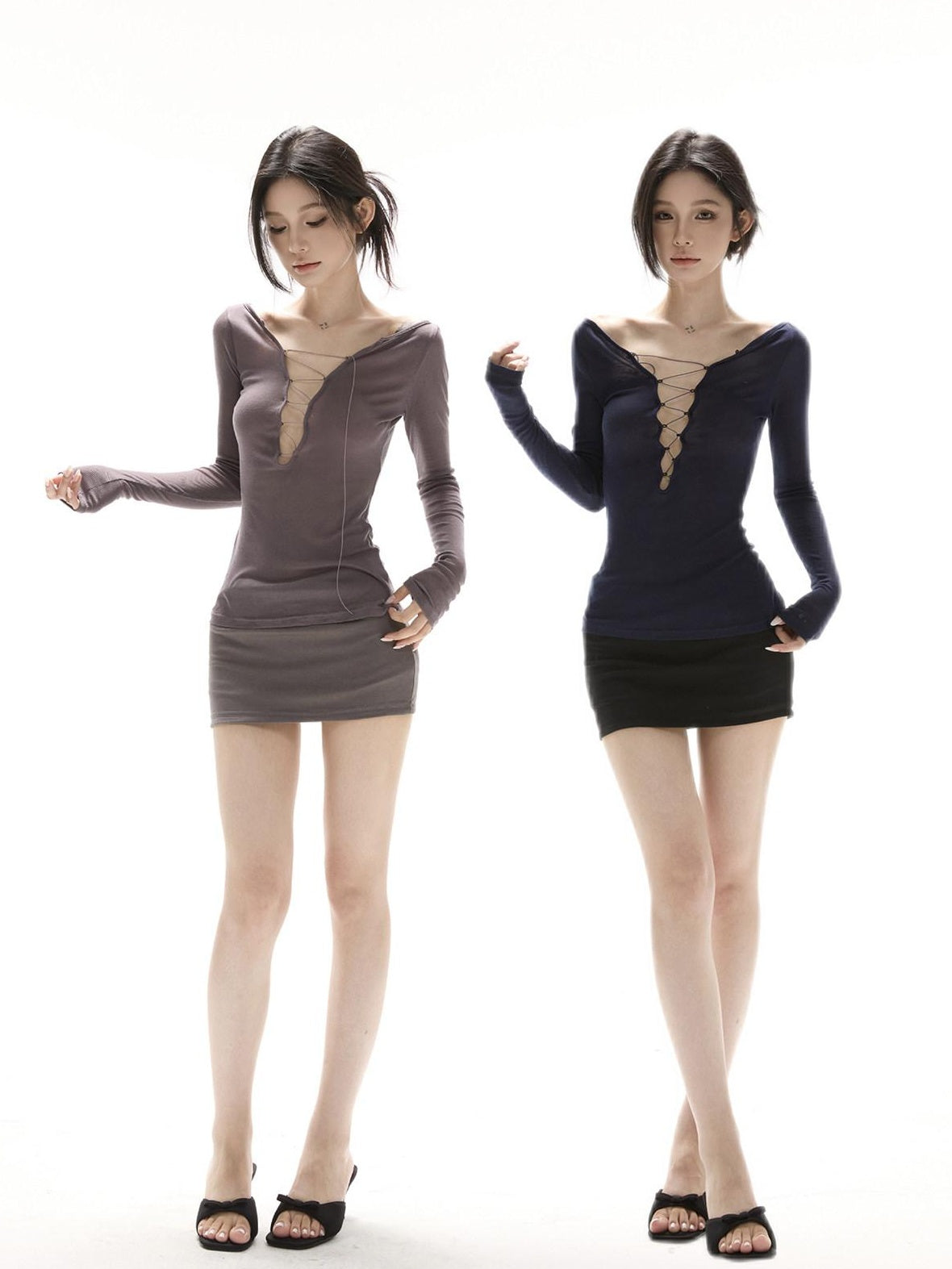 CrushOnit Breathable Tencel V-neck Slim Fit Women Casual Chic Long Sleeve Crop Tops