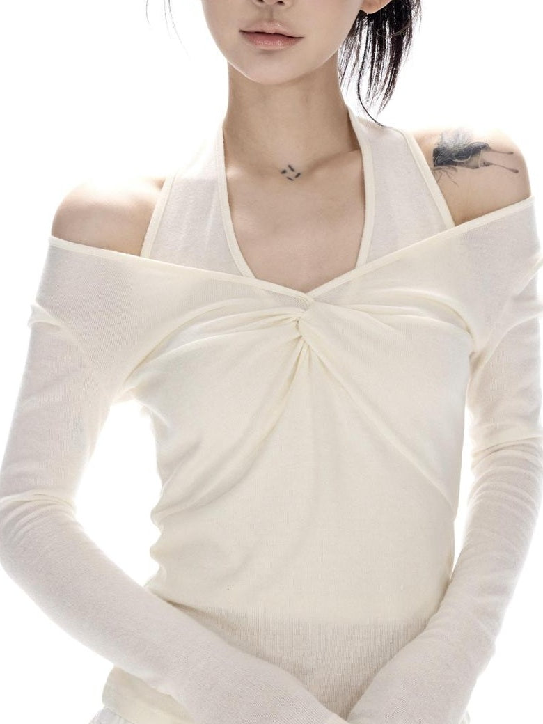 CrushOnit Breathable Viscose Elegant Slim Patchwork Midrise White Long Sleeve Crop Tops