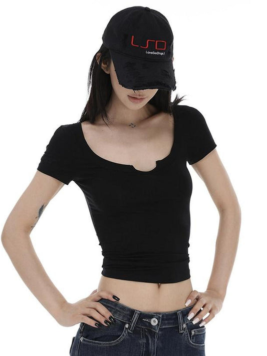 CrushOnit Cooling Lyocell Slim Fit Patchwork Women Black Cropped Short Sleeve T-Shirts