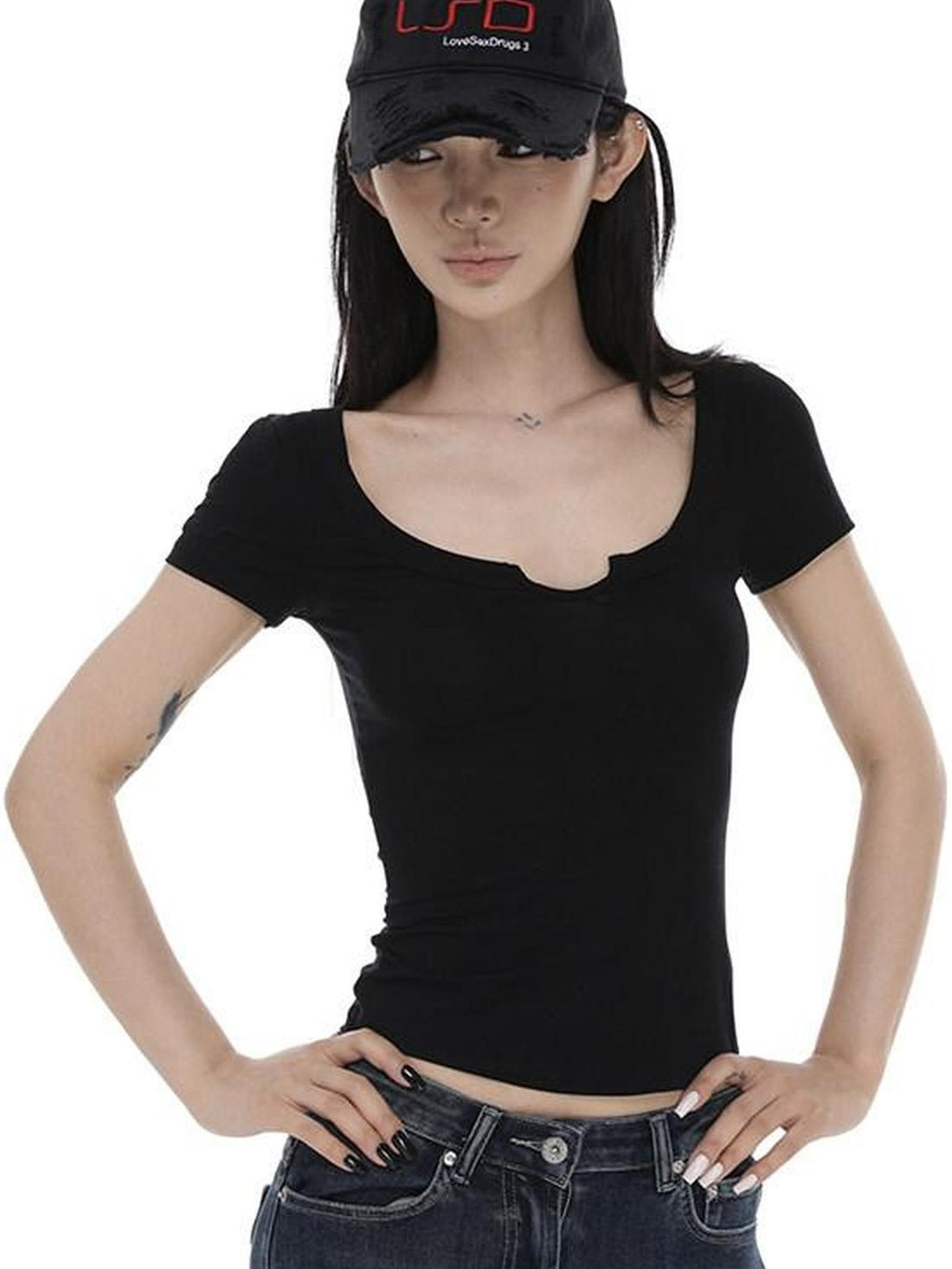 CrushOnit Cooling Lyocell Slim Fit Patchwork Women Black Cropped Short Sleeve T-Shirts