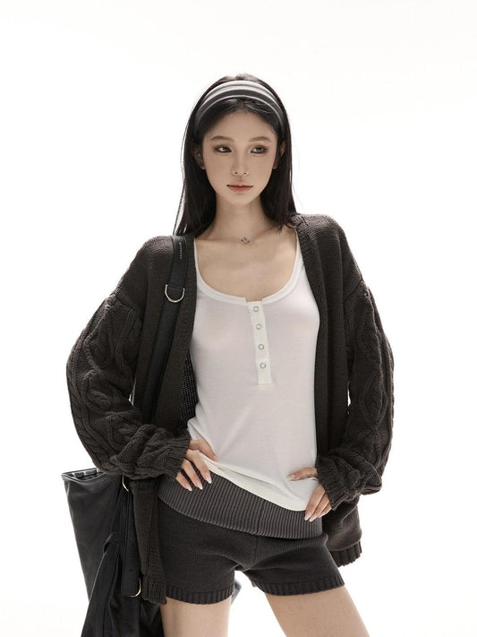CrushOnit Cozy Knit V-neck Loose Colorblock Midlength Sweater Women Top & Shorts Sets