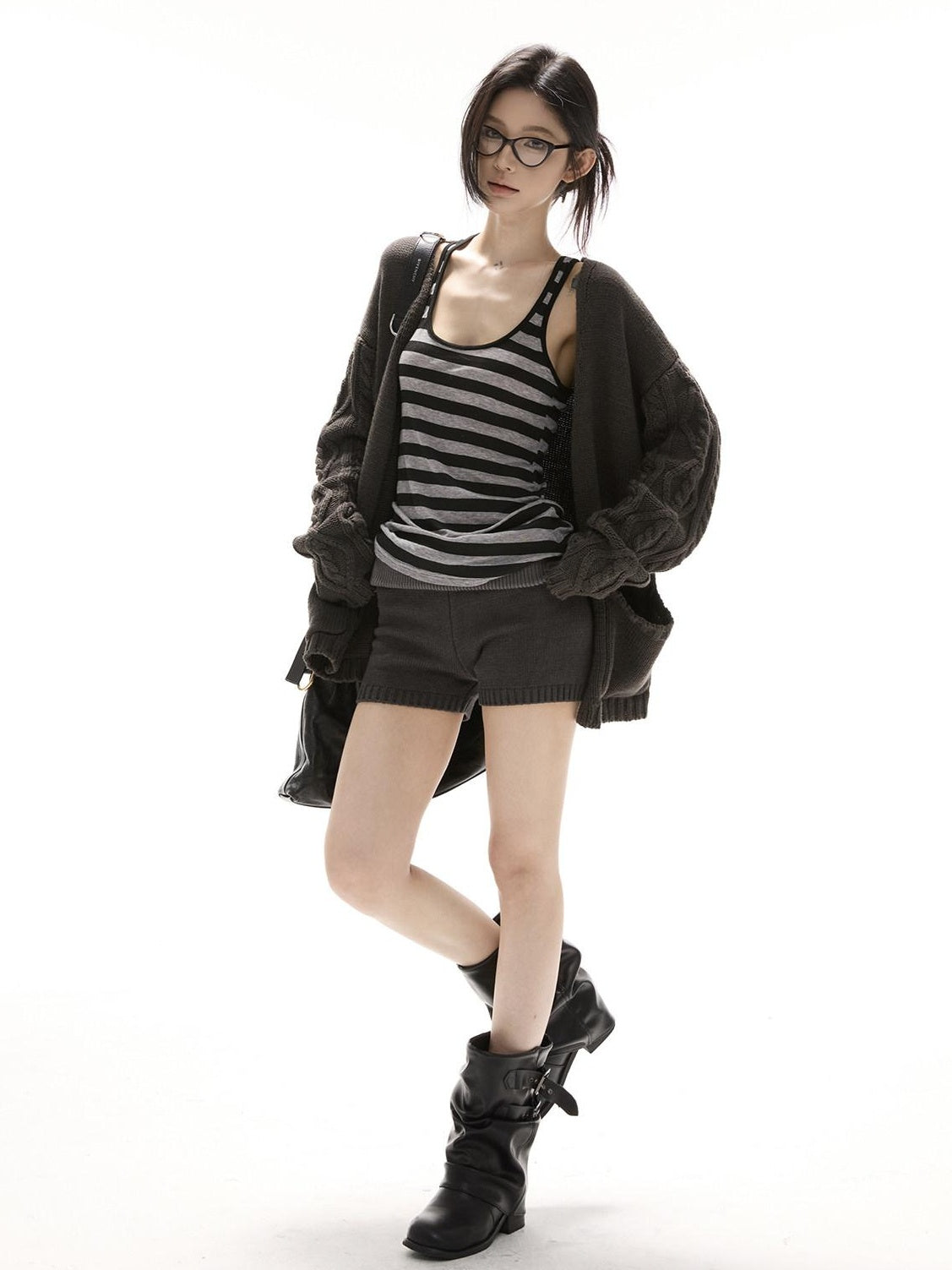 CrushOnit Cozy Knit V-neck Loose Colorblock Midlength Sweater Women Top & Shorts Sets