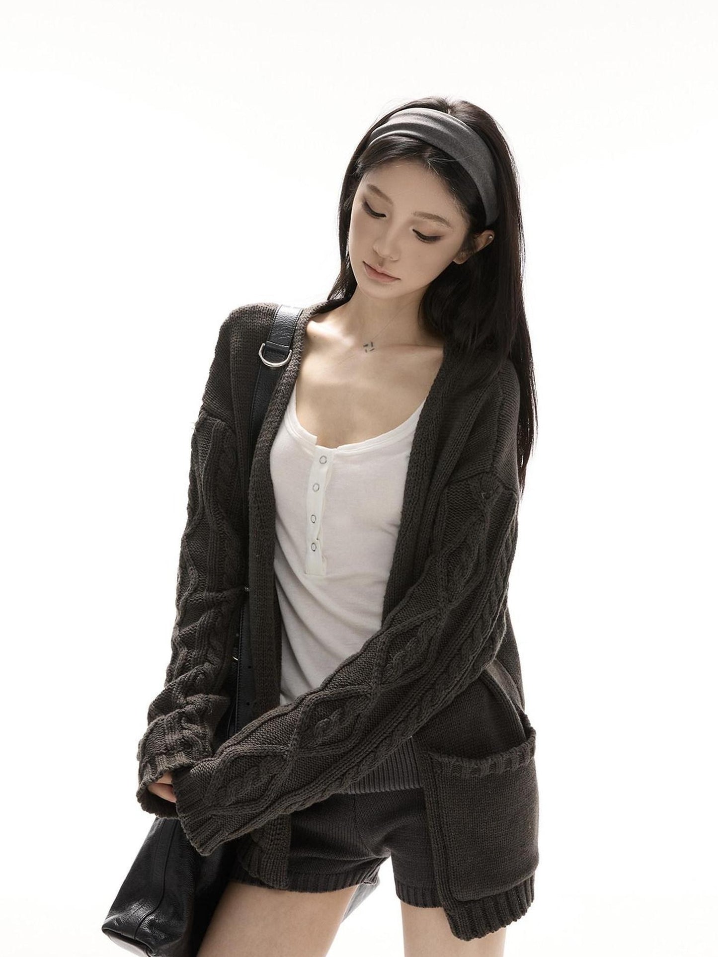 CrushOnit Cozy Knit V-neck Loose Colorblock Midlength Sweater Women Top & Shorts Sets