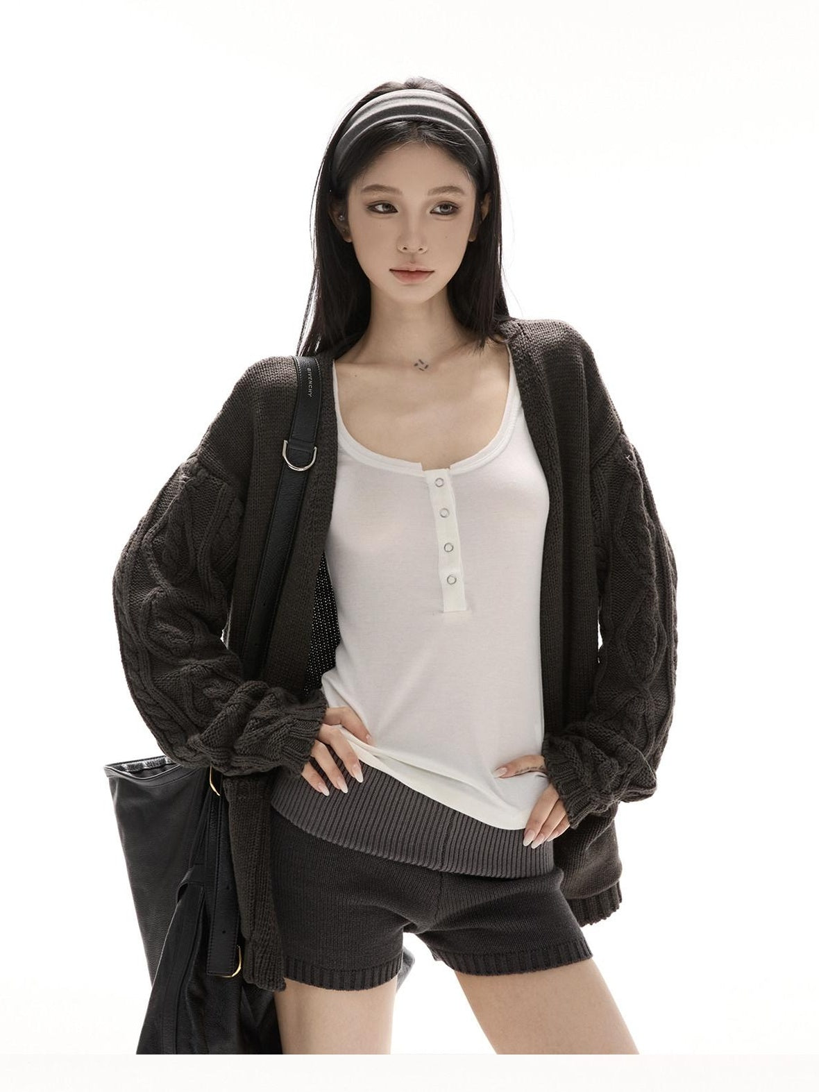 CrushOnit Cozy Knit V-neck Loose Colorblock Midlength Sweater Women Top & Shorts Sets