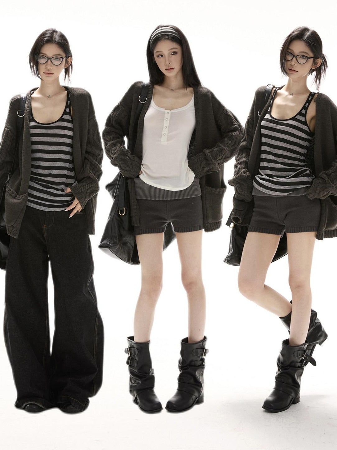CrushOnit Cozy Knit V-neck Loose Colorblock Midlength Sweater Women Top & Shorts Sets