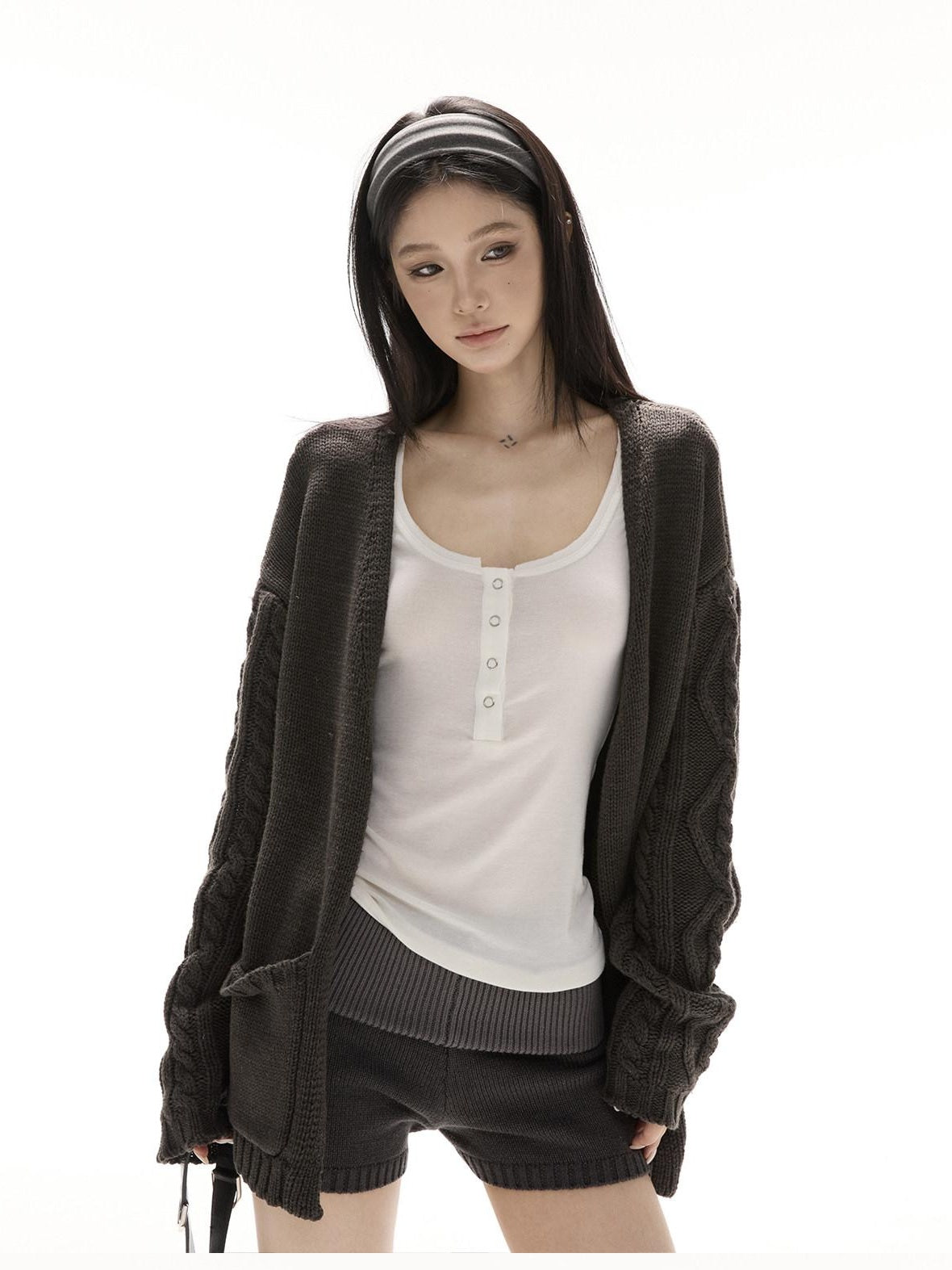 CrushOnit Cozy Knit V-neck Loose Colorblock Midlength Sweater Women Top & Shorts Sets