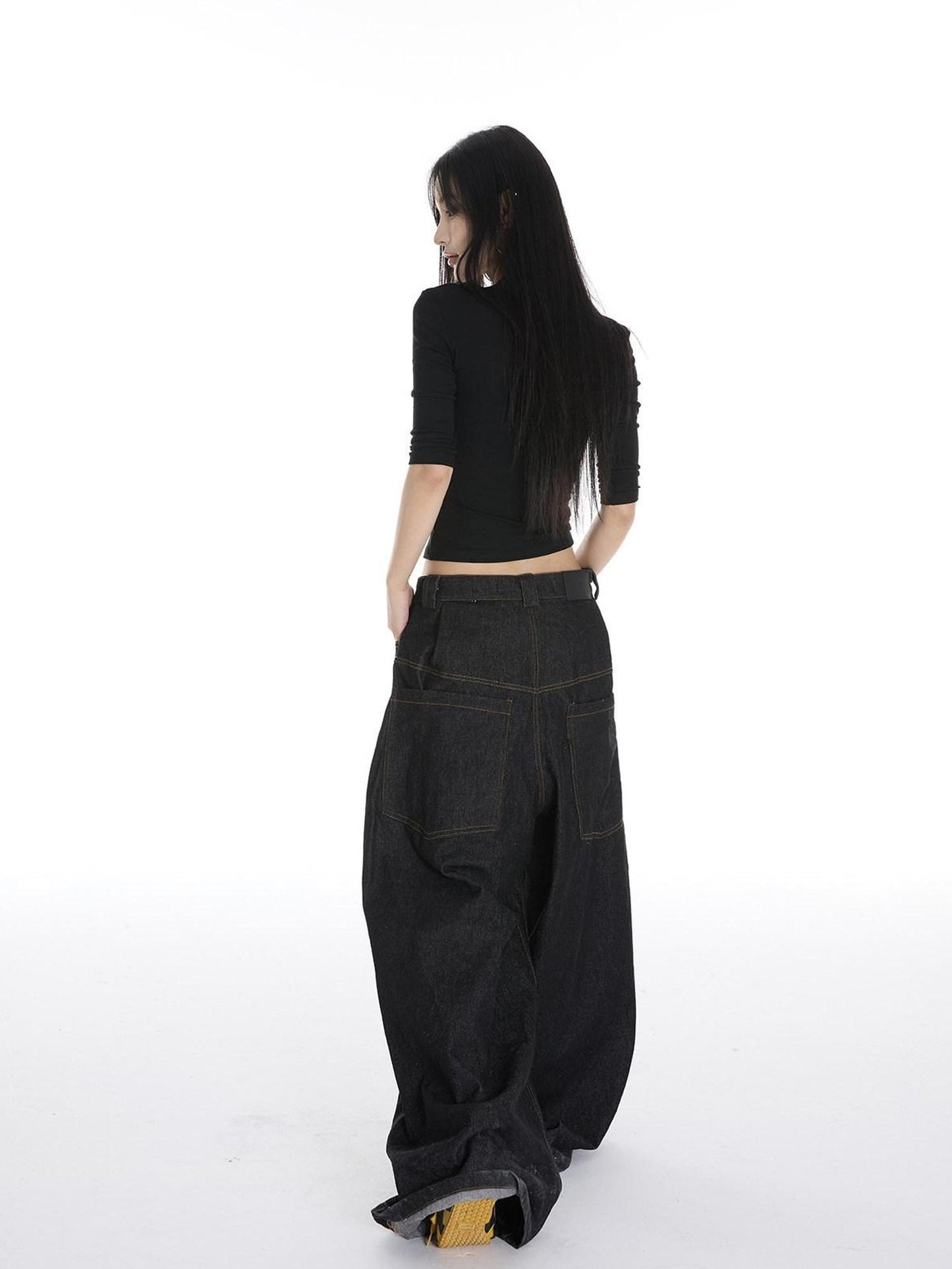 CrushOnit Durable Washed Natural Waist Micro Stretch Denim Blue Wide Leg Jeans