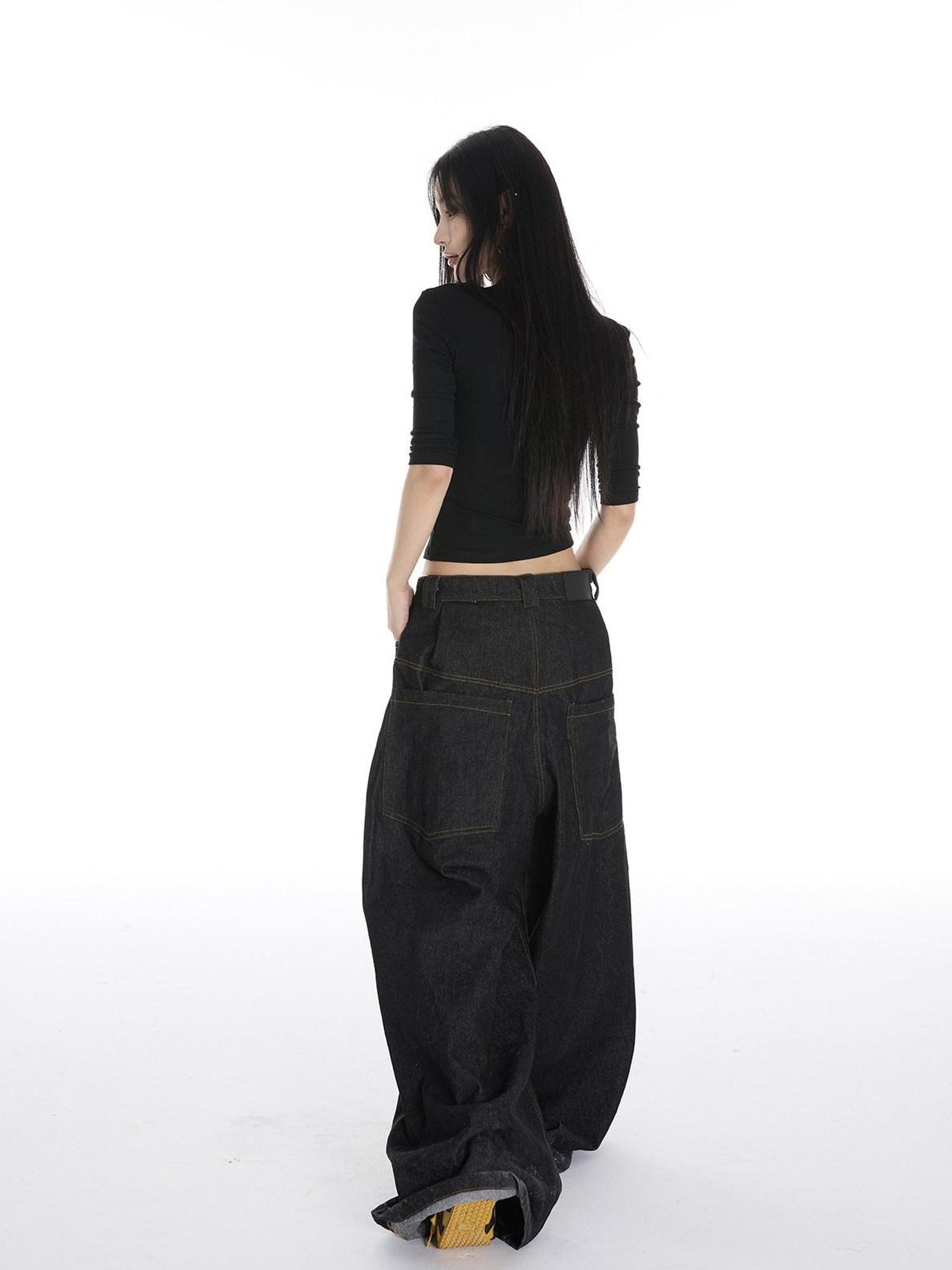 CrushOnit Durable Washed Natural Waist Micro Stretch Denim Blue Wide Leg Jeans
