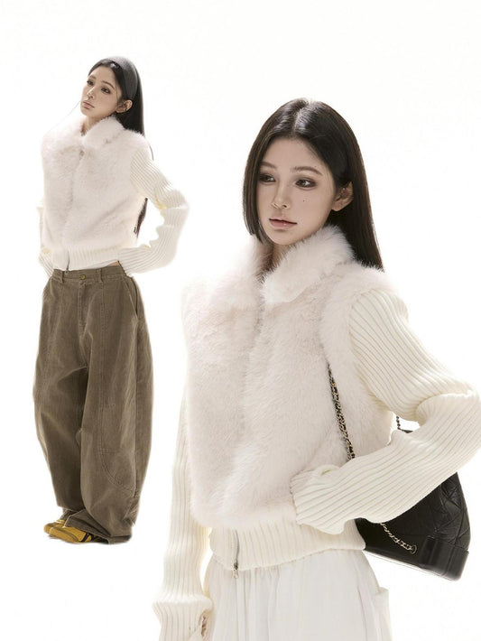 CrushOnit Eco Warm Faux Fur Knit Patch Mock Layered Straight Fit Women Zip Front Vests