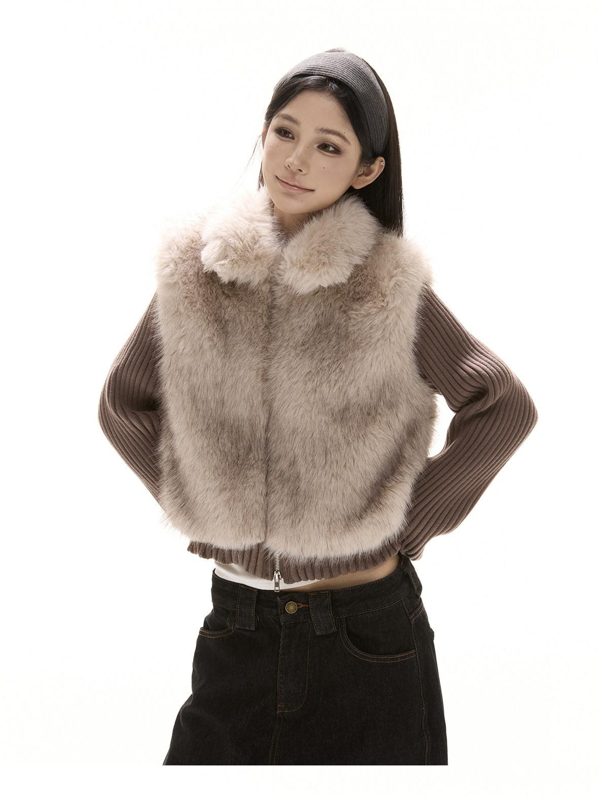 CrushOnit Eco Warm Faux Fur Knit Patch Mock Layered Straight Fit Women Zip Front Vests