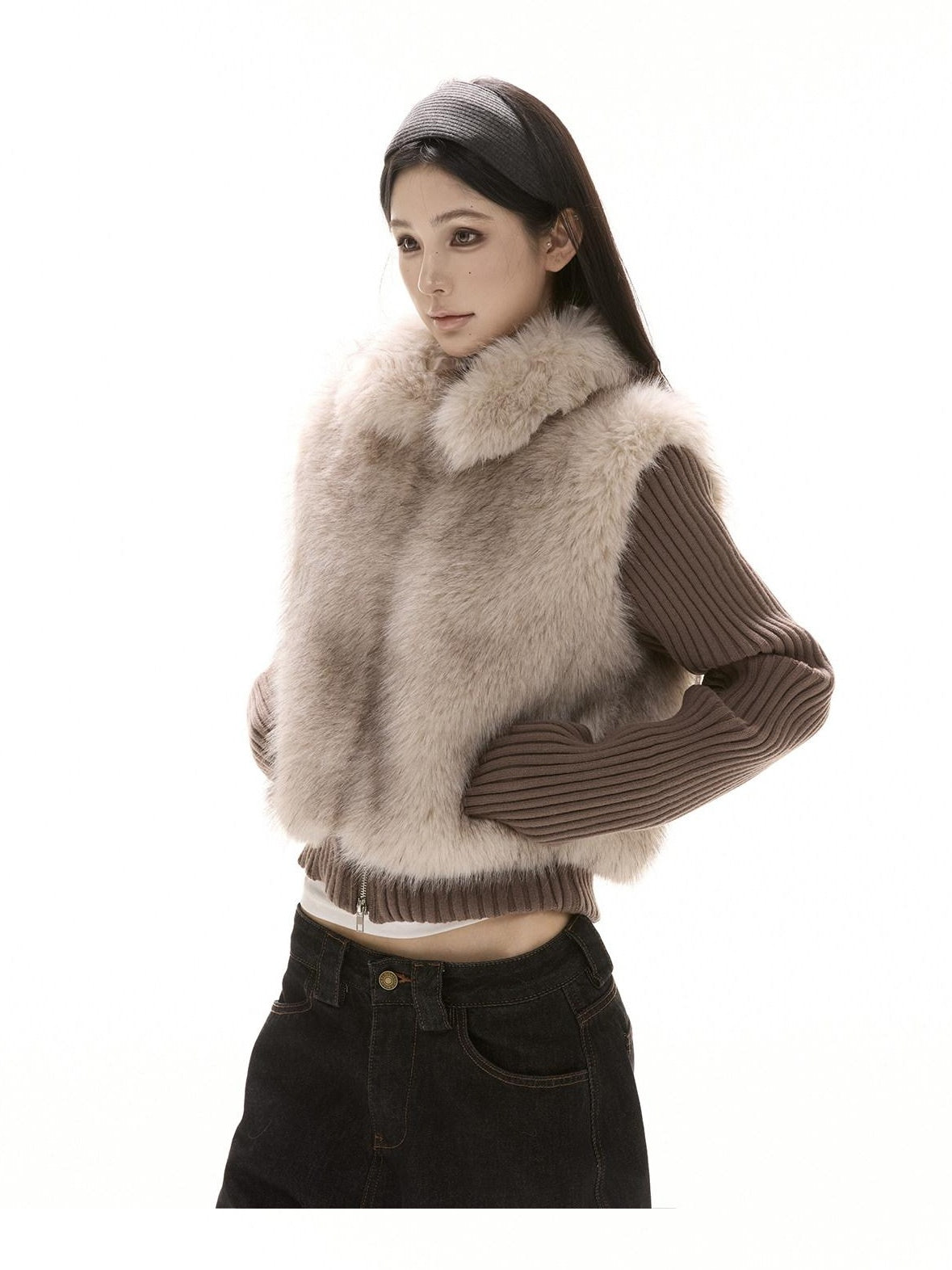 CrushOnit Eco Warm Faux Fur Knit Patch Mock Layered Straight Fit Women Zip Front Vests