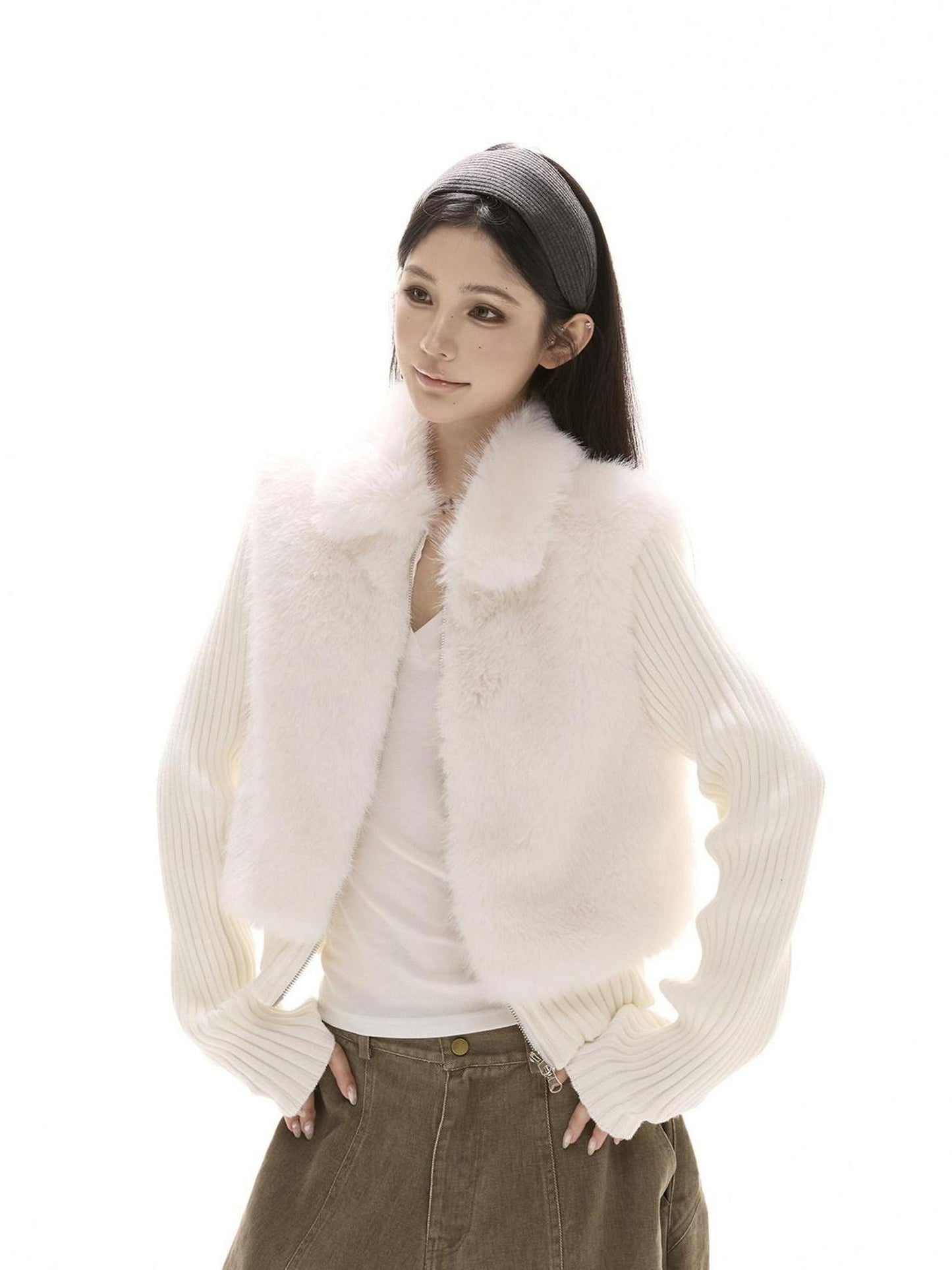 CrushOnit Eco Warm Faux Fur Knit Patch Mock Layered Straight Fit Women Zip Front Vests