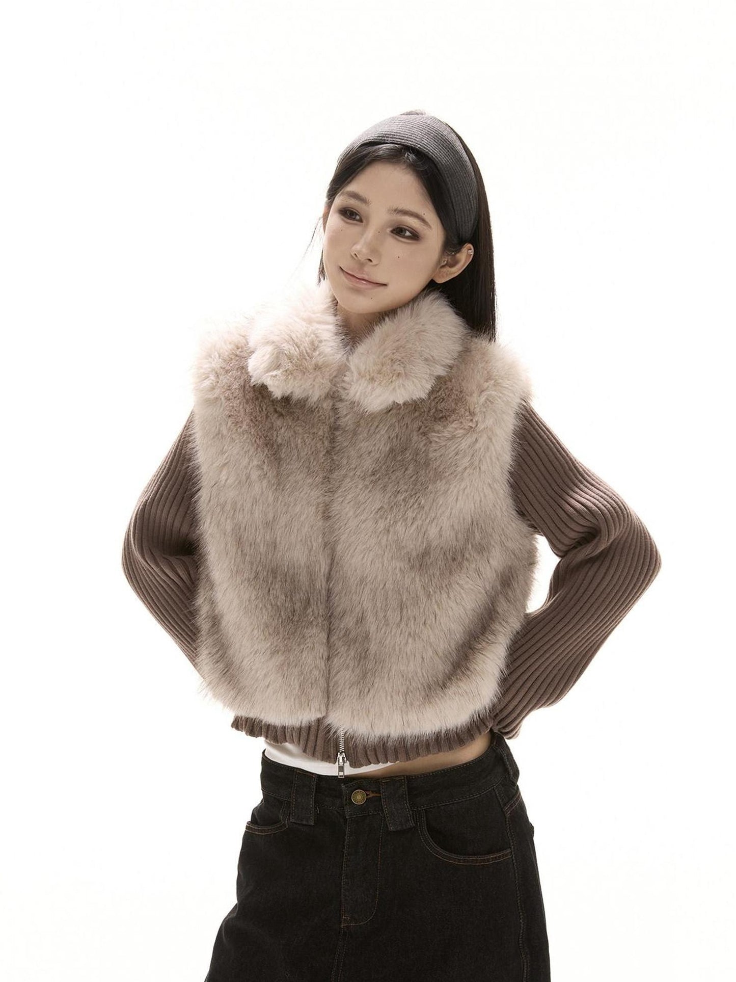 CrushOnit Eco Warm Faux Fur Knit Patch Mock Layered Straight Fit Women Zip Front Vests