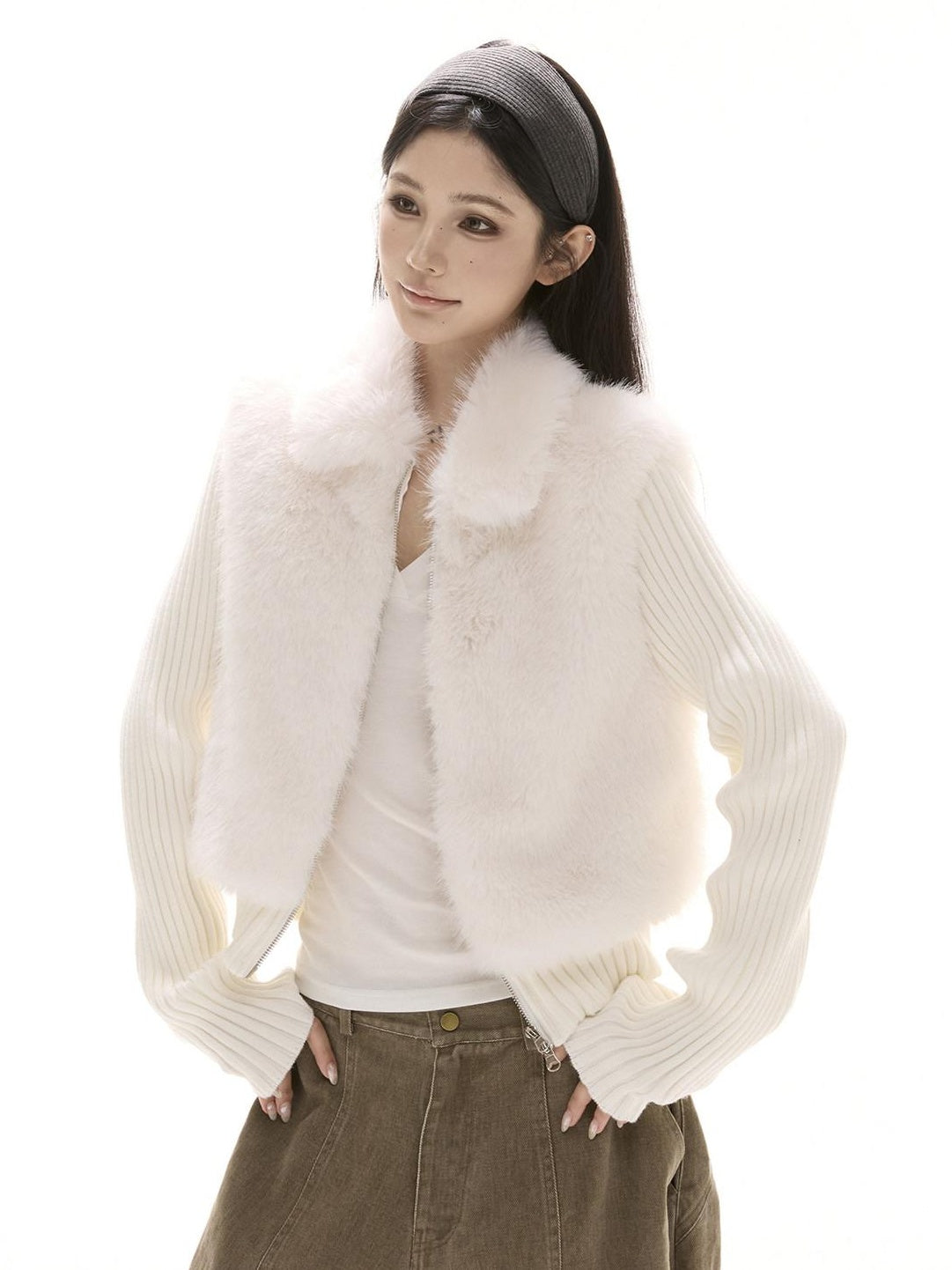 CrushOnit Eco Warm Faux Fur Knit Patch Mock Layered Straight Fit Women Zip Front Vests