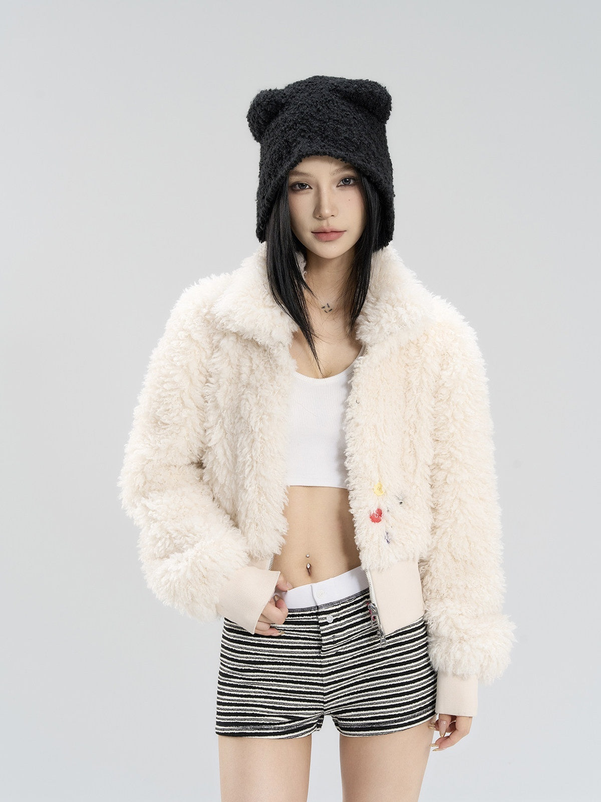 CrushOnit_Faux_Fur_Trim_High_Waist_Stand_Collar_Workwear_Women_Cream_Zipper_Short_Coat_MISSTT
