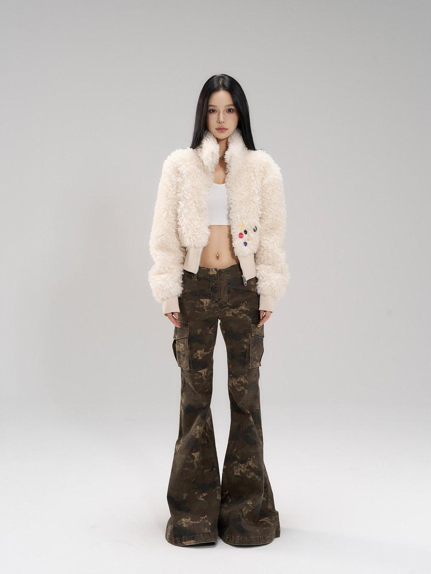 CrushOnit Faux Fur Trim High Waist Stand Collar Workwear Women Cream Zipper Short Coat