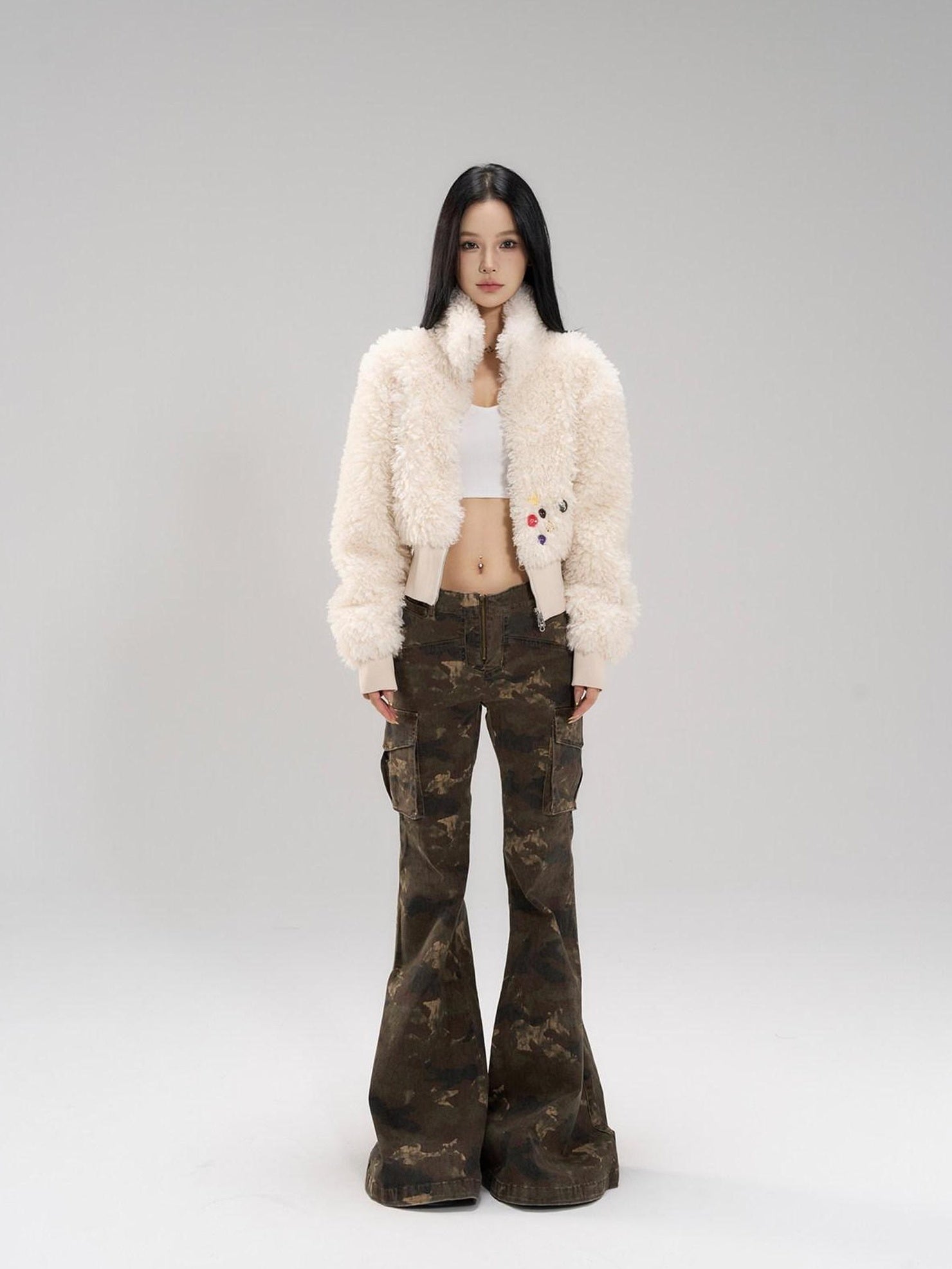 CrushOnit Faux Fur Trim High Waist Stand Collar Workwear Women Cream Zipper Short Coat