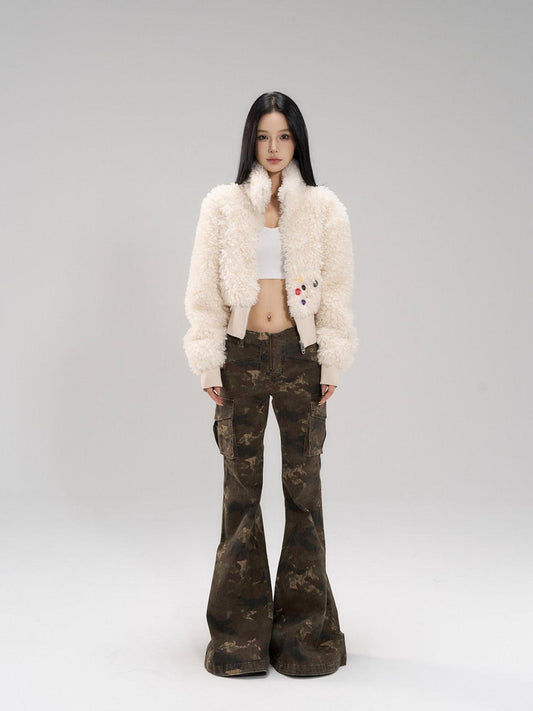 CrushOnit Faux Fur Trim High Waist Stand Collar Workwear Women Cream Zipper Short Coat