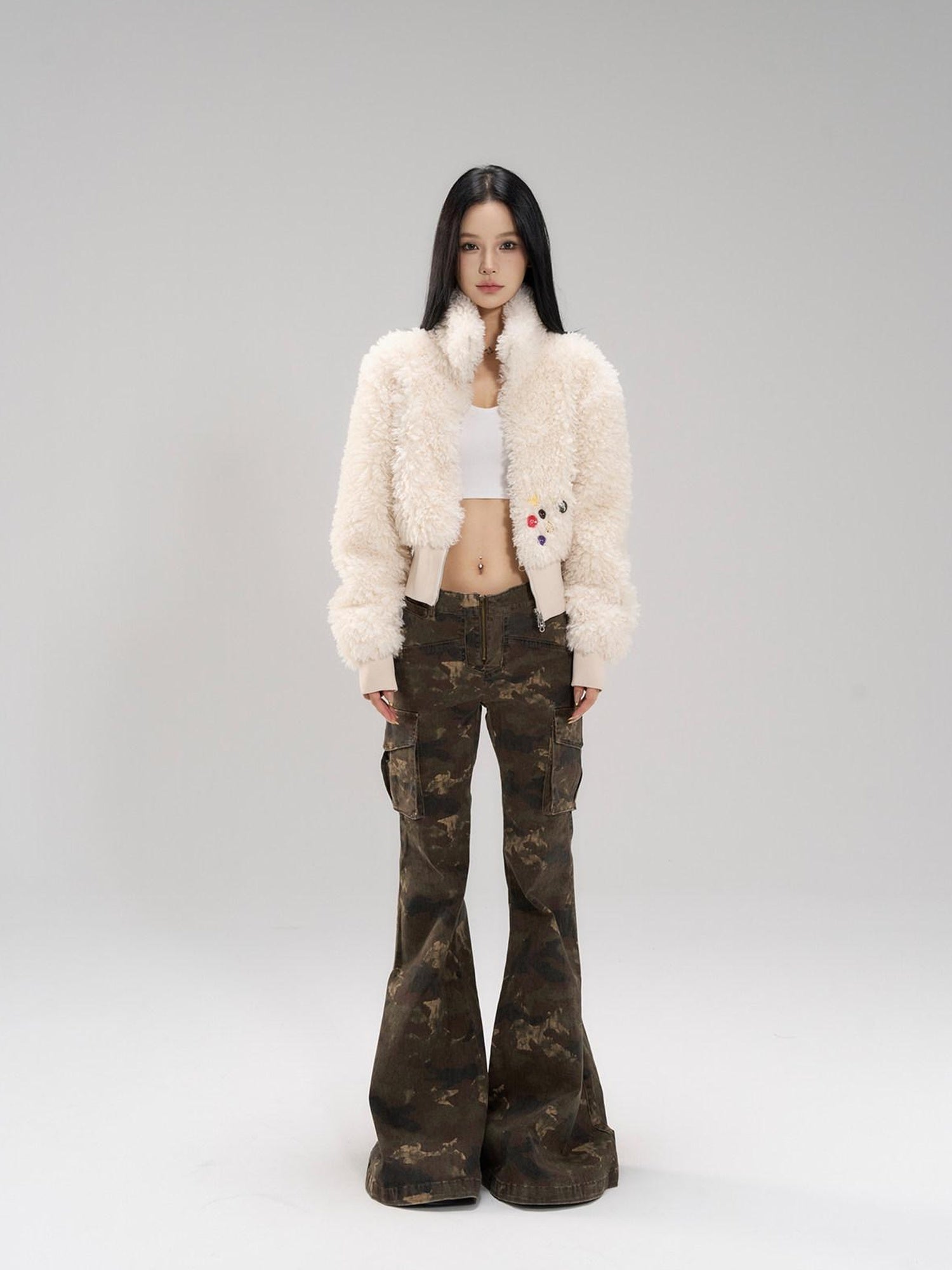 CrushOnit Faux Fur Trim High Waist Stand Collar Workwear Women Cream Zipper Short Coat