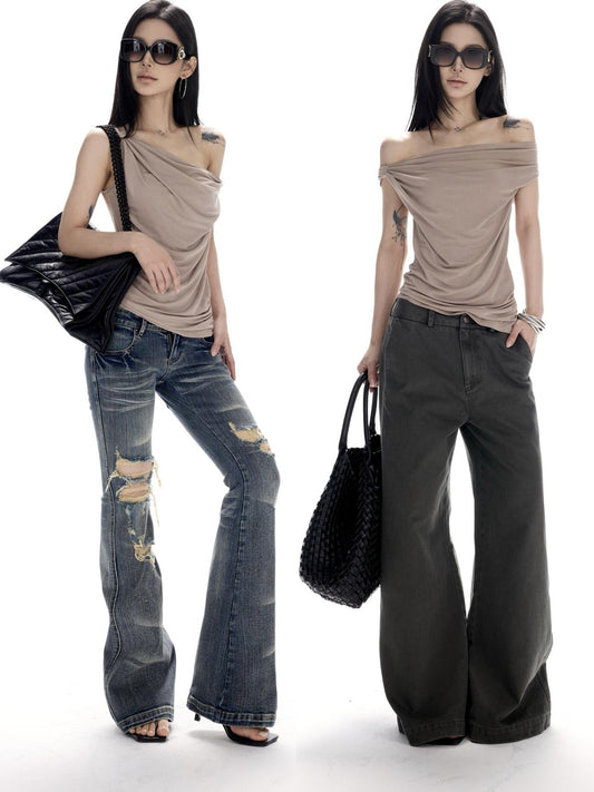 CrushOnit High Stretch Lace Splice Slim One Shoulder Cropped Women Acetate Camel Tank Tops