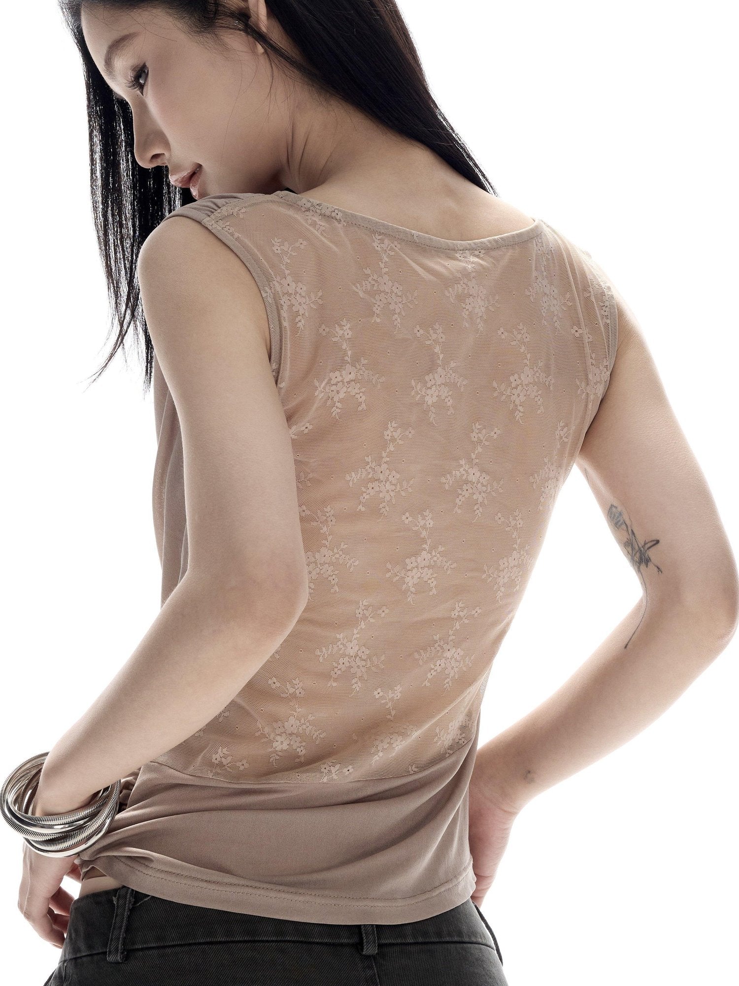 CrushOnit High Stretch Lace Splice Slim One Shoulder Cropped Women Acetate Camel Tank Tops