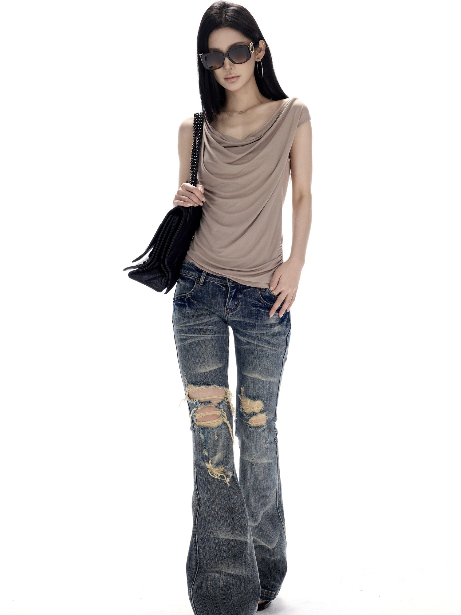 CrushOnit High Stretch Lace Splice Slim One Shoulder Cropped Women Acetate Camel Tank Tops