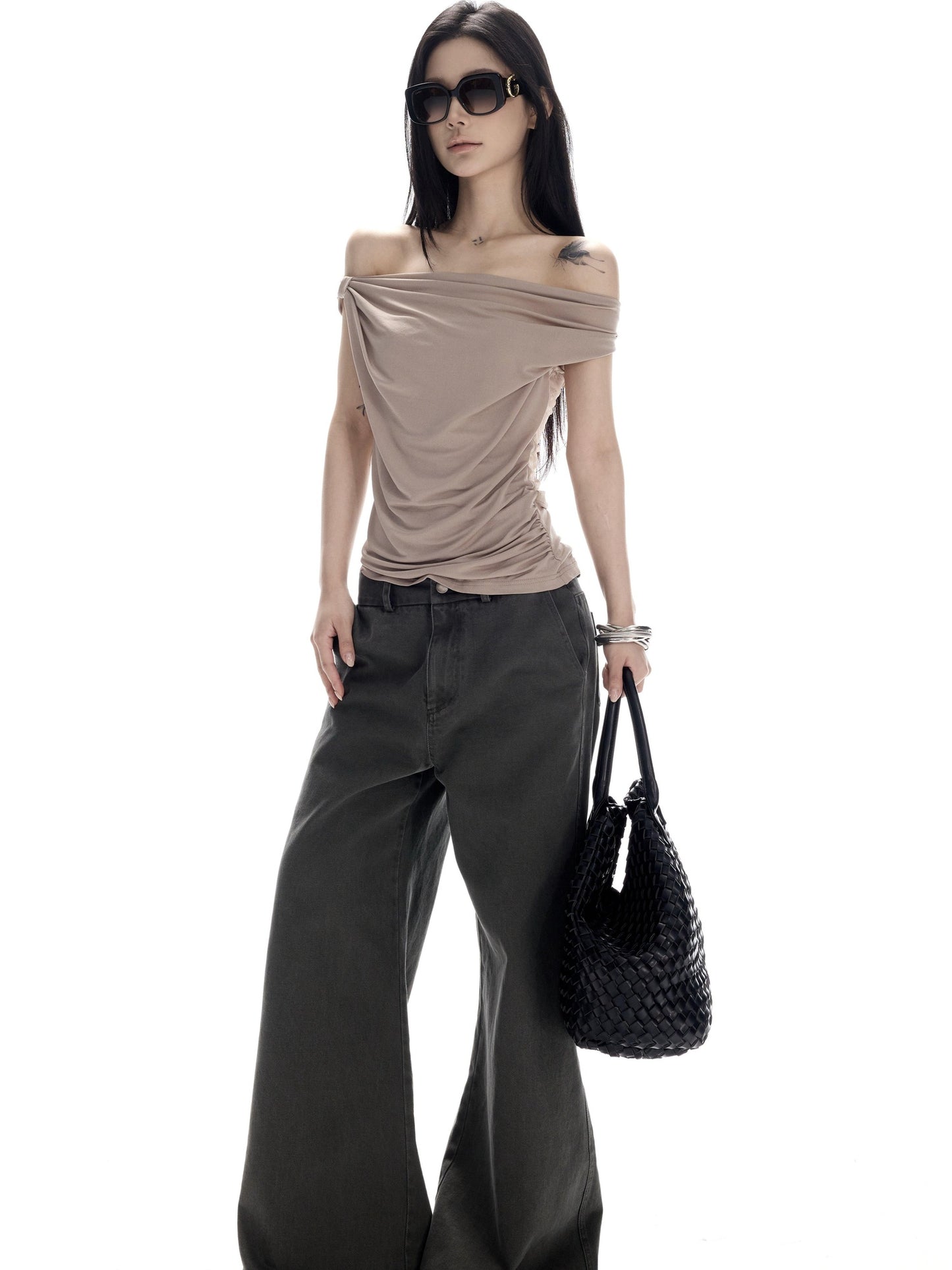 CrushOnit High Stretch Lace Splice Slim One Shoulder Cropped Women Acetate Camel Tank Tops