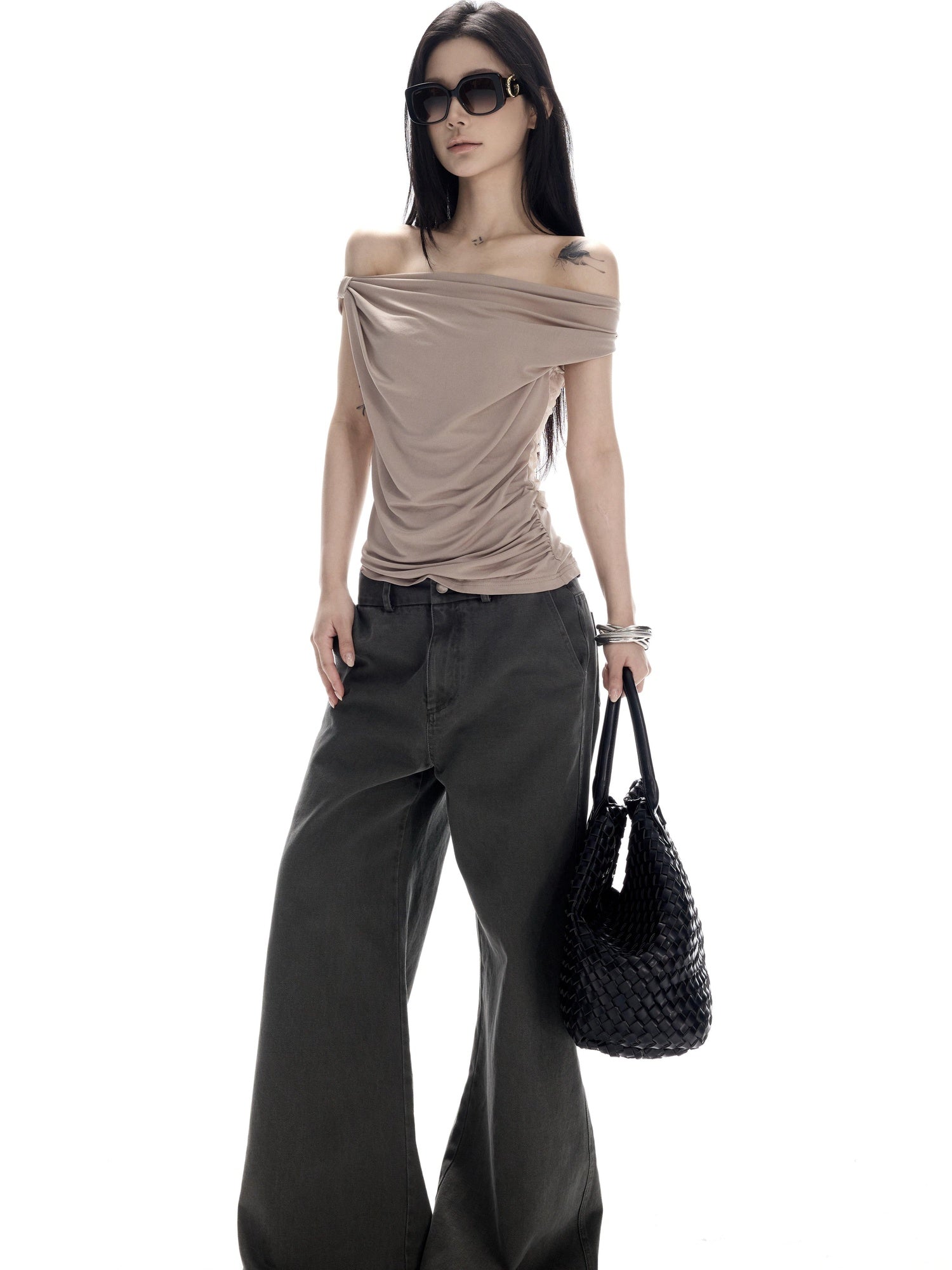 CrushOnit High Stretch Lace Splice Slim One Shoulder Cropped Women Acetate Camel Tank Tops