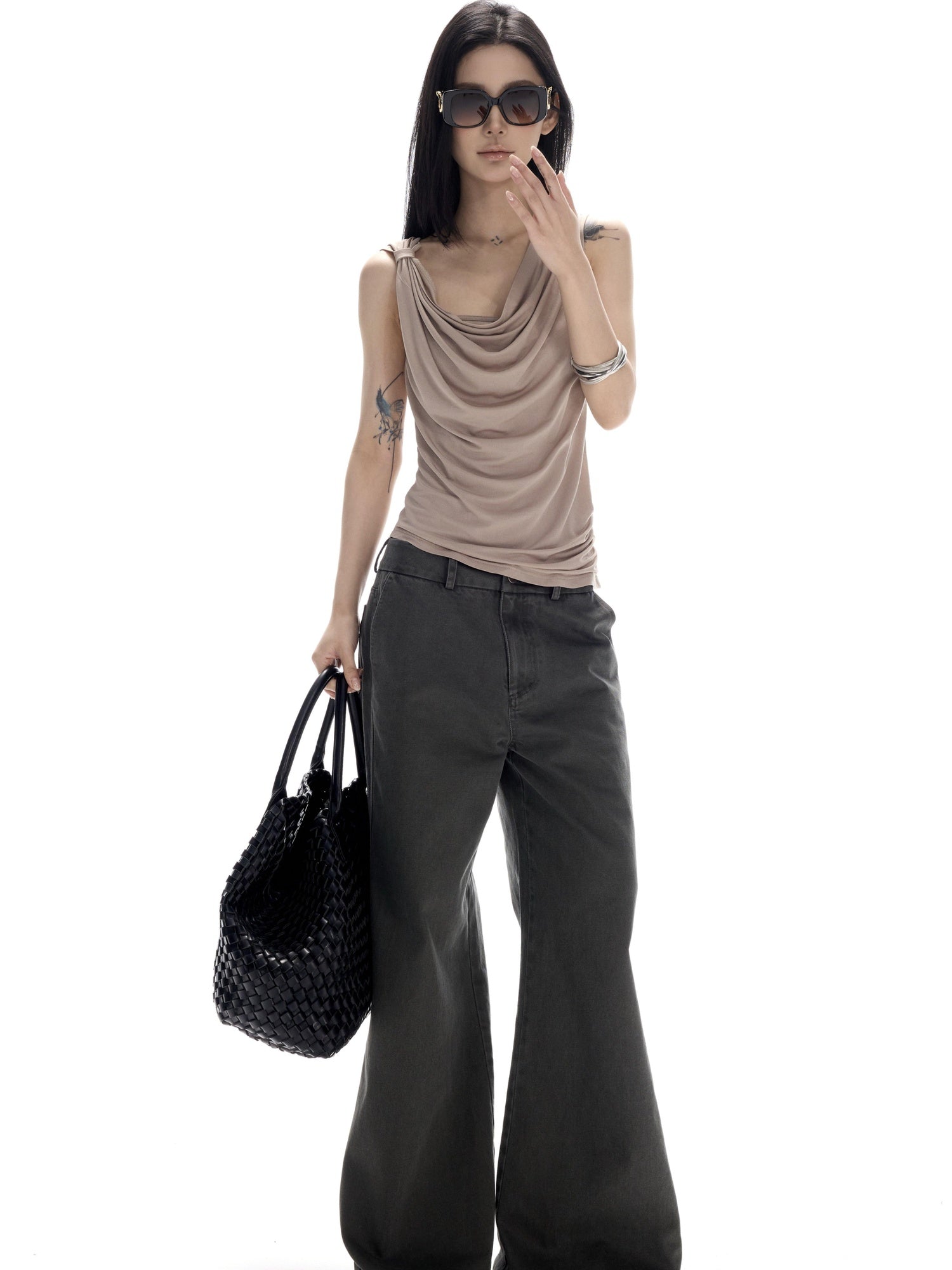 CrushOnit High Stretch Lace Splice Slim One Shoulder Cropped Women Acetate Camel Tank Tops