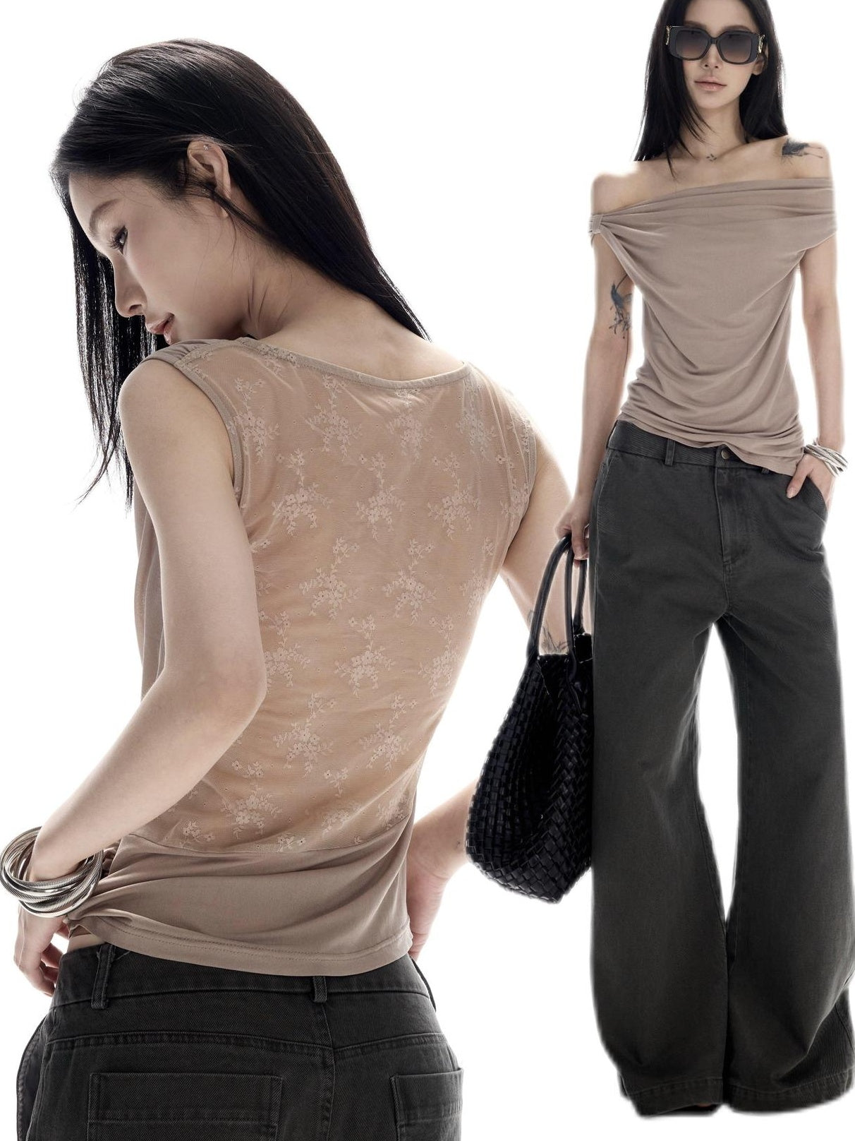 CrushOnit High Stretch Lace Splice Slim One Shoulder Cropped Women Acetate Camel Tank Tops