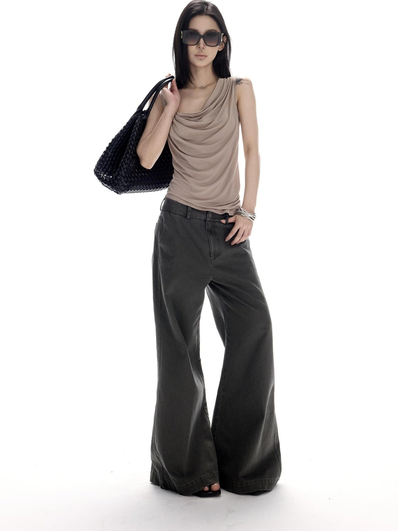 CrushOnit High Stretch Lace Splice Slim One Shoulder Cropped Women Acetate Camel Tank Tops