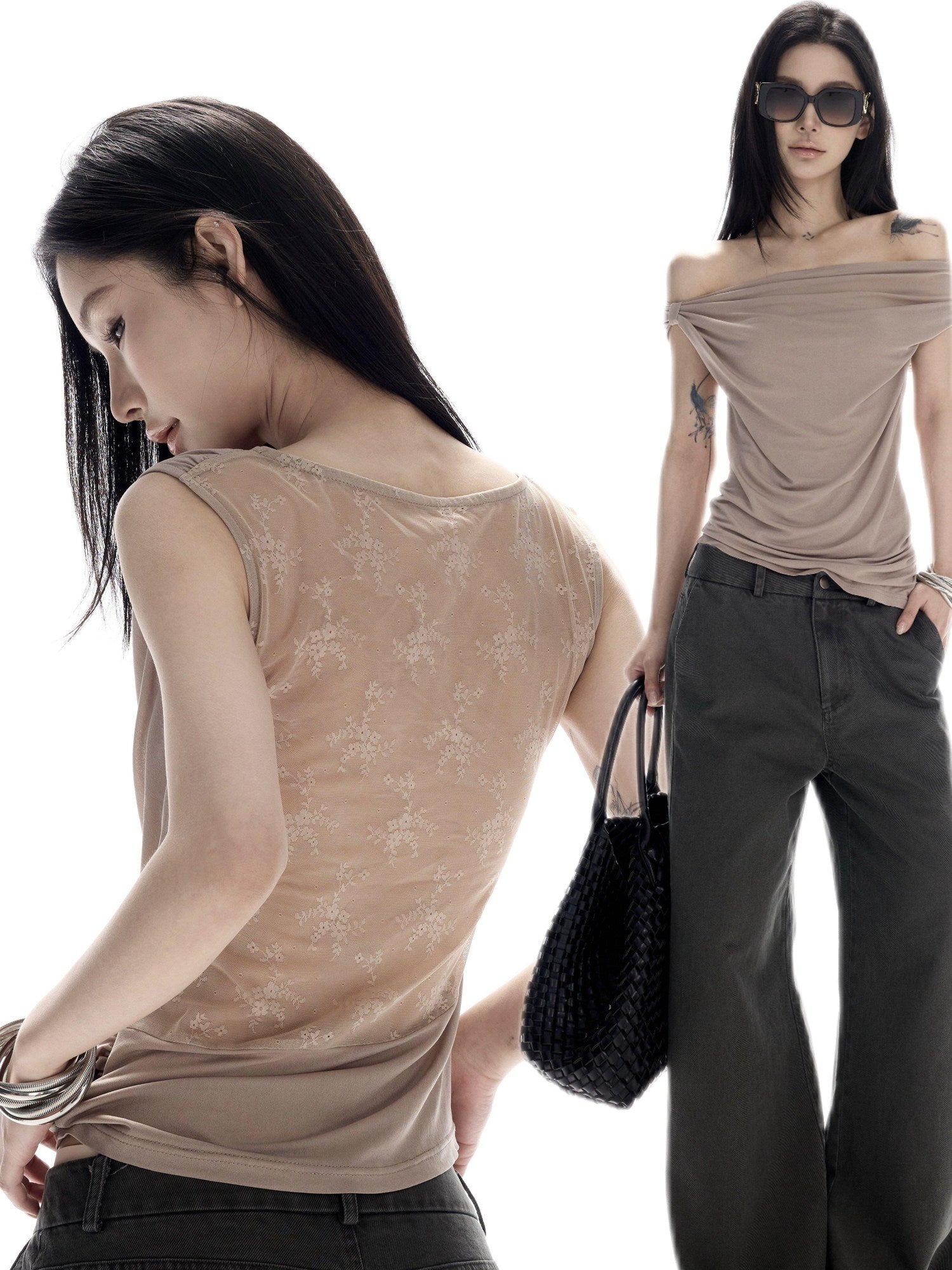 CrushOnit High Stretch Lace Splice Slim One Shoulder Cropped Women Acetate Camel Tank Tops