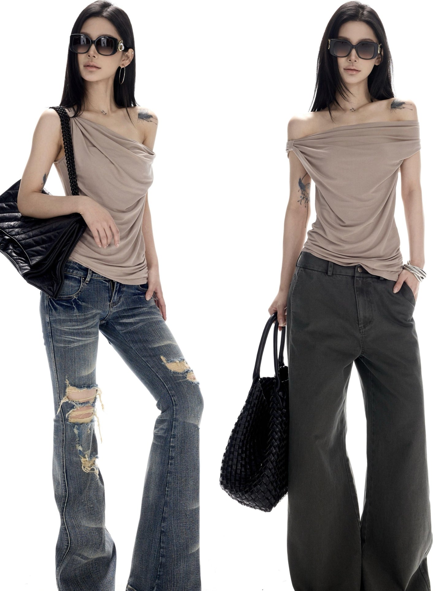 CrushOnit High Stretch Lace Splice Slim One Shoulder Cropped Women Acetate Camel Tank Tops