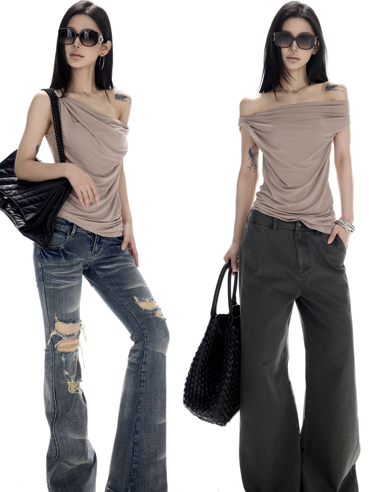 CrushOnit High Stretch Lace Splice Slim One Shoulder Cropped Women Acetate Camel Tank Tops
