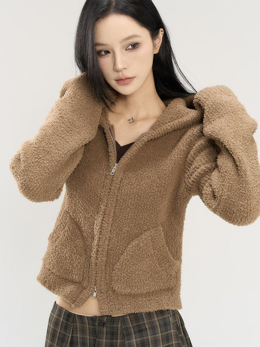 CrushOnit Hooded Cropped Regular Fit Young Women Commuter Brown Long Sleeve Short Coat